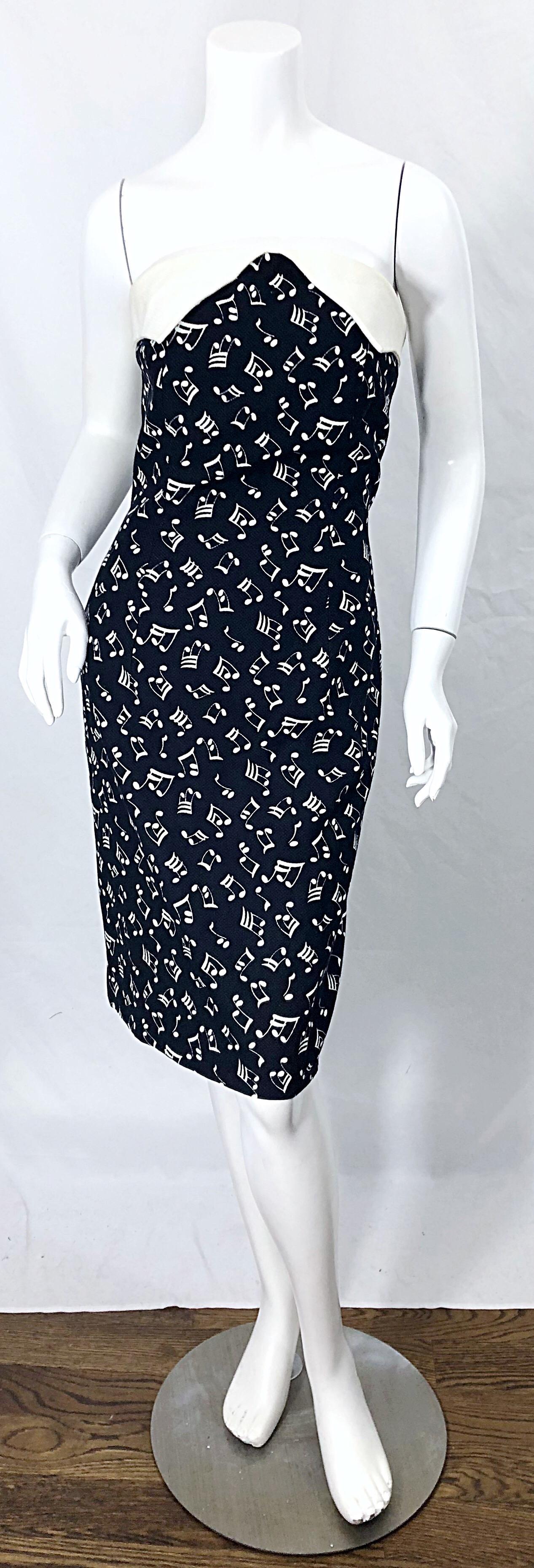 Rare vintage 80s PATRICK KELLY novelty music print black and white strapless dress ! Features a black cotton fabric with printed white music notes throughout. White poplin cotton trim around the bodice. Hidden zipper up the back with hook-and-eye