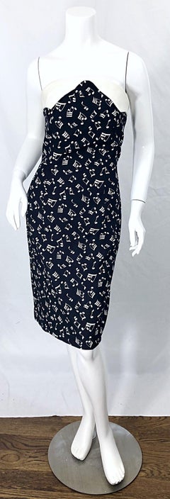 1980s Patrick Kelly Size 8 Novelty Music Print Black and White Strapless Dress