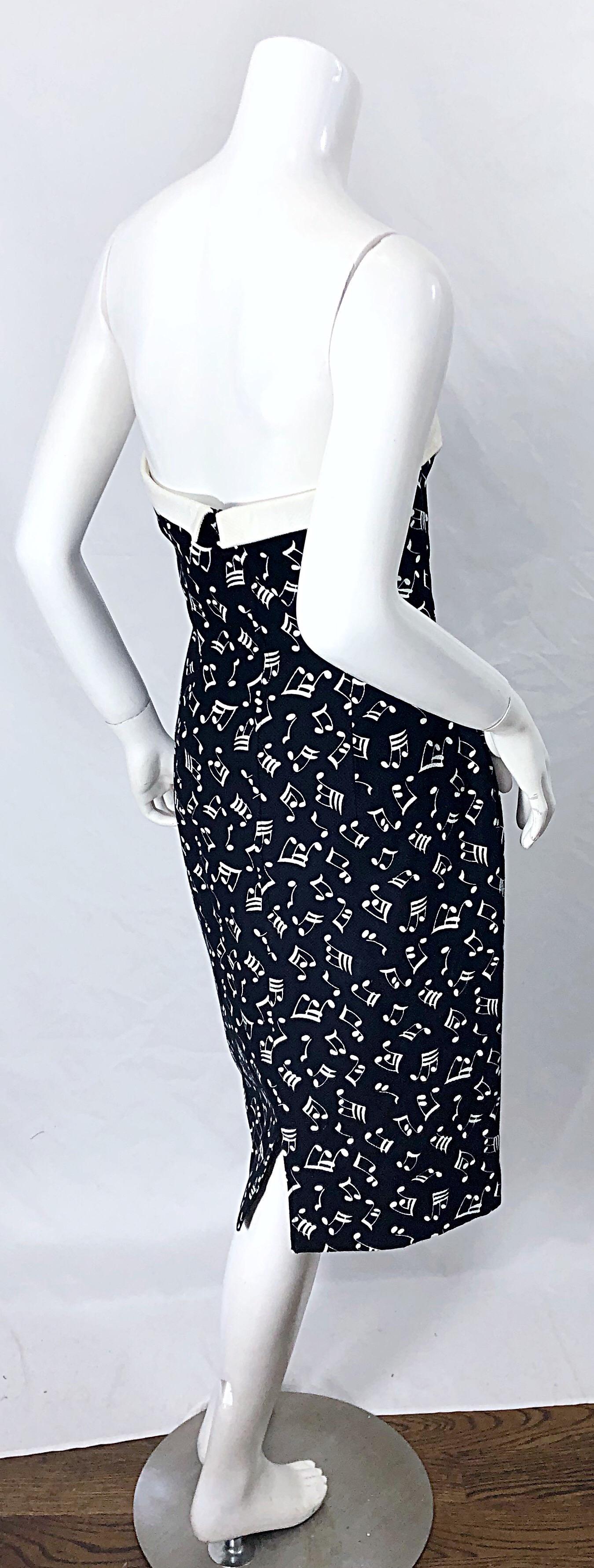 Women's 1980s Patrick Kelly Size 8 Novelty Music Print Black and White Strapless Dress For Sale