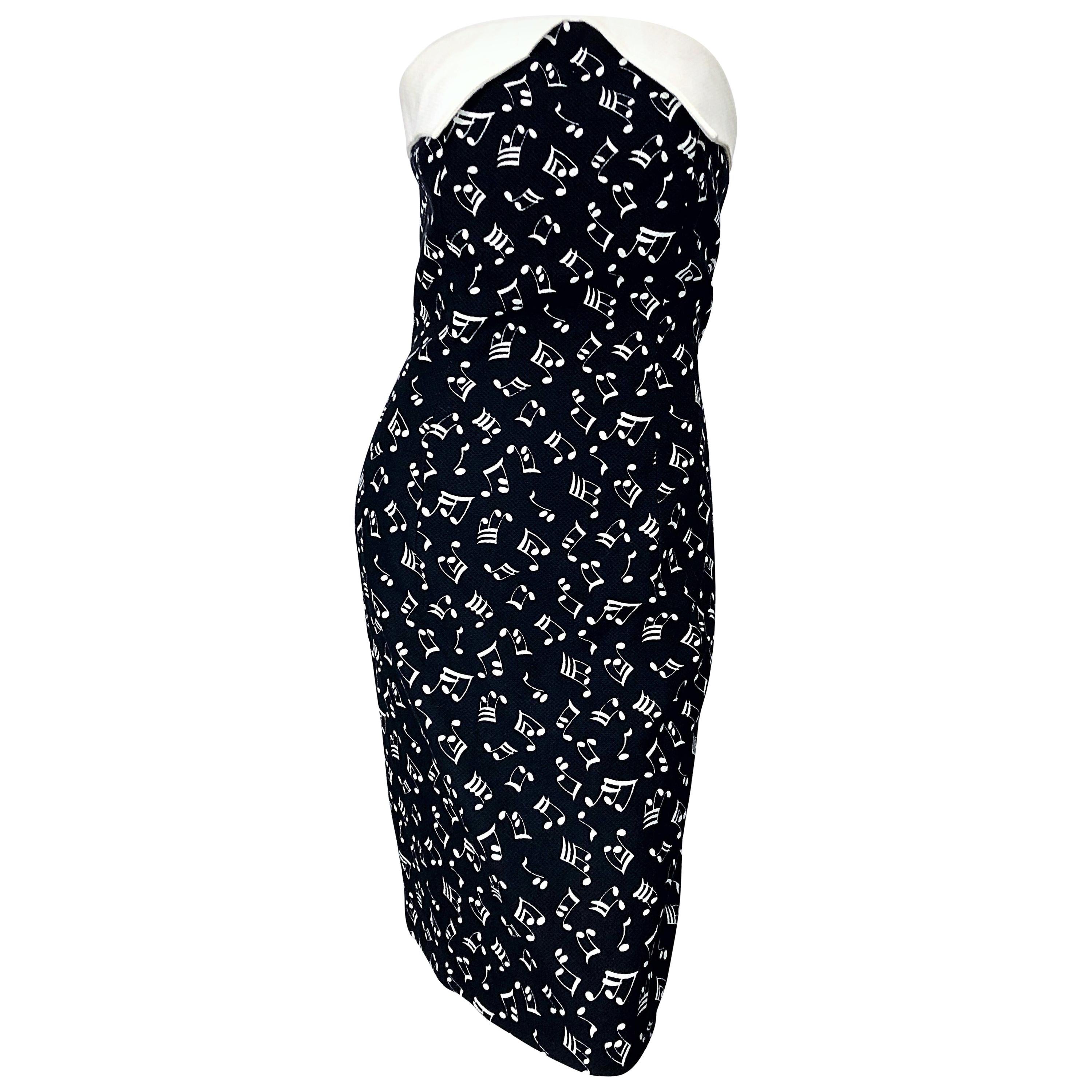 1980s Patrick Kelly Size 8 Novelty Music Print Black and White Strapless Dress