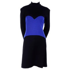 1980s Patrick Kelly Vintage Dress in Blue and Black Color Block Heart Wool Knit