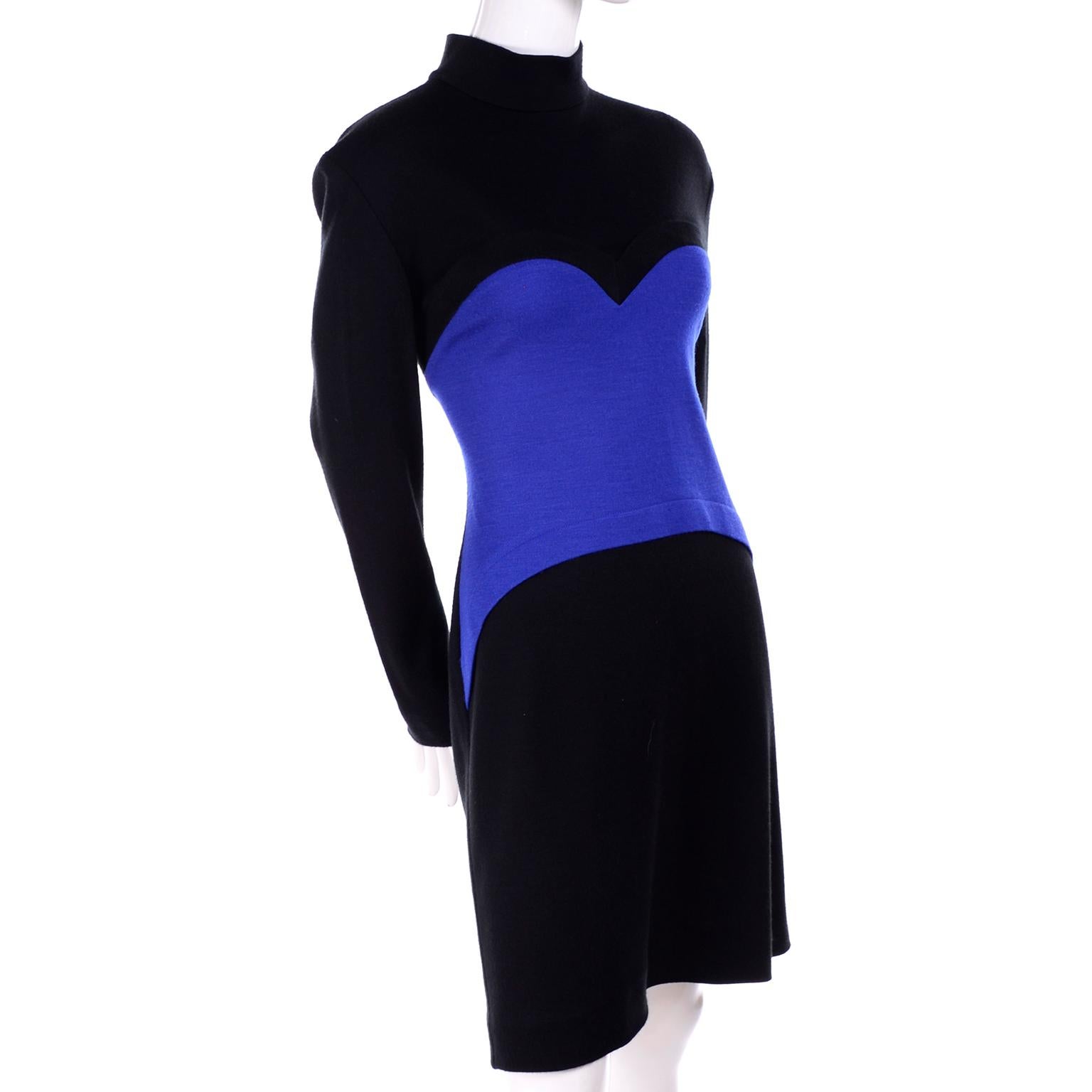 1980s Patrick Kelly Vintage Dress in Blue and Black Color Block Heart Wool Knit In Excellent Condition In Portland, OR