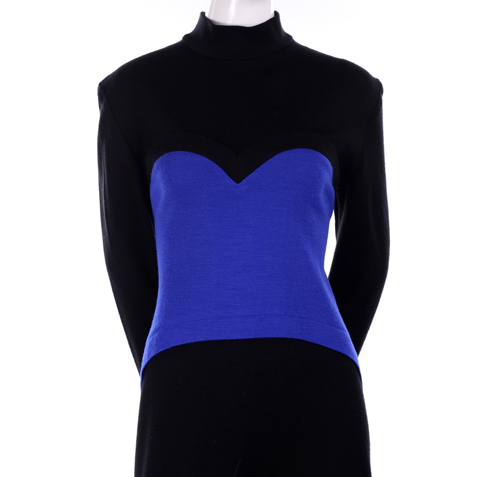 Women's 1980s Patrick Kelly Vintage Dress in Blue and Black Color Block Heart Wool Knit
