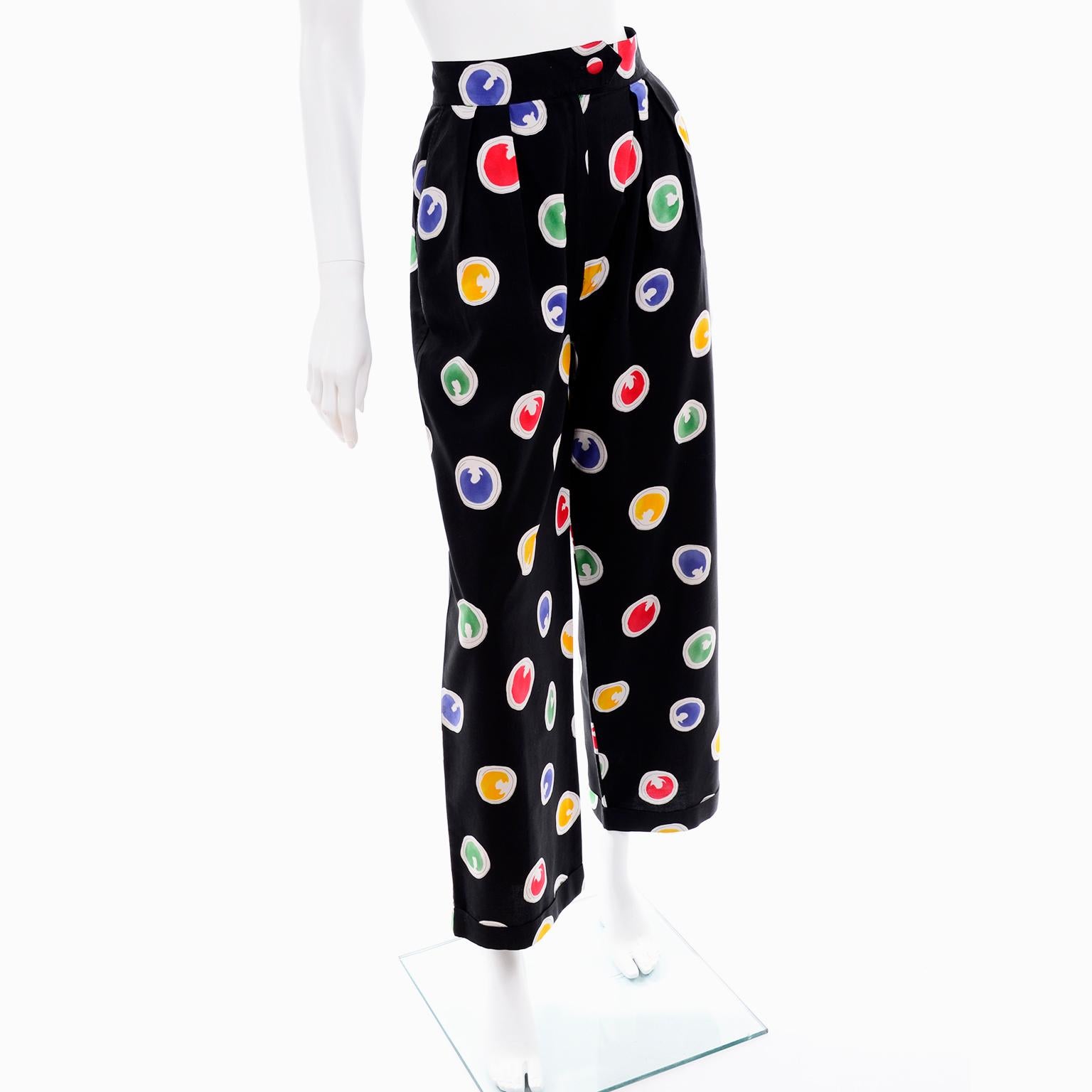 Women's 1980s Patrick Kelly Vintage Pants Abstract Circle Button Print Black Trousers