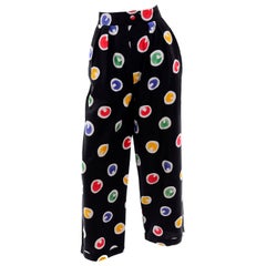 1980s Patrick Kelly Vintage Pants Abstract Circle Button Print Black Trousers