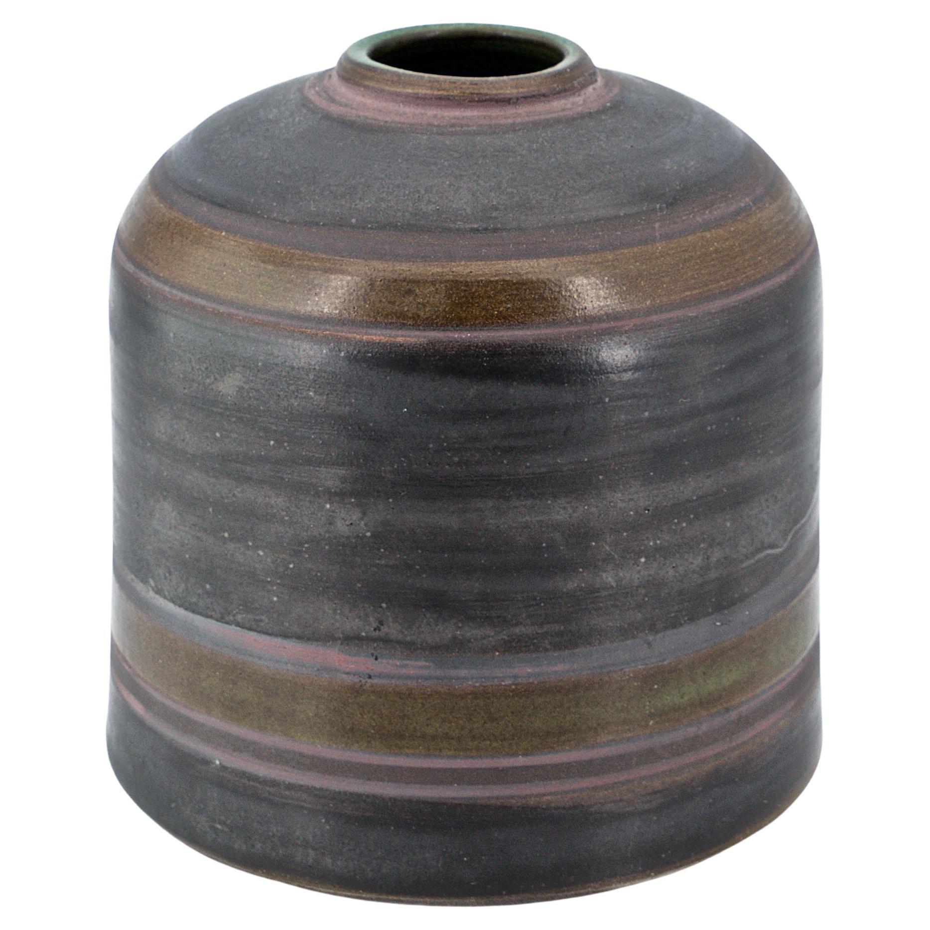 1980s Paul Bellardo Beehive Vase Mid-Century Studio Pottery Dark Blues Stripes For Sale