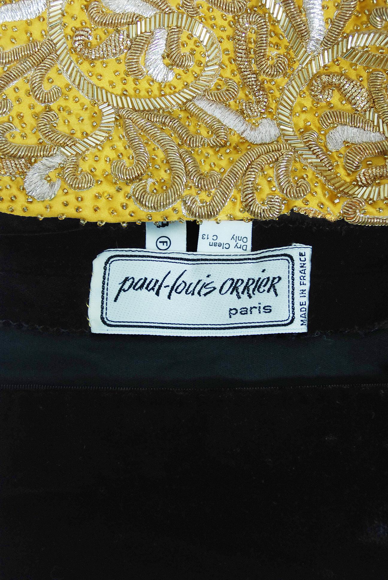 1980s Paul-Louis Orrier Paris Metallic Gold Embroidery Beaded Black Velvet Dress 5