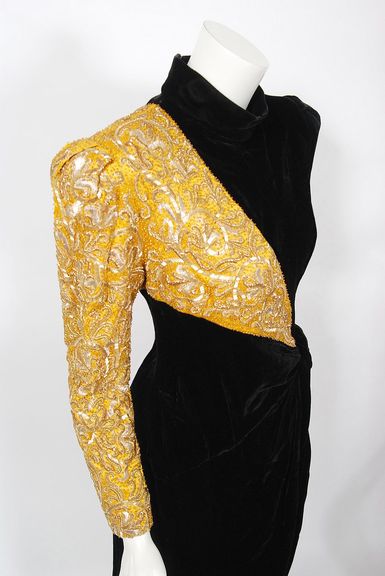 black velvet dress with gold embroidery