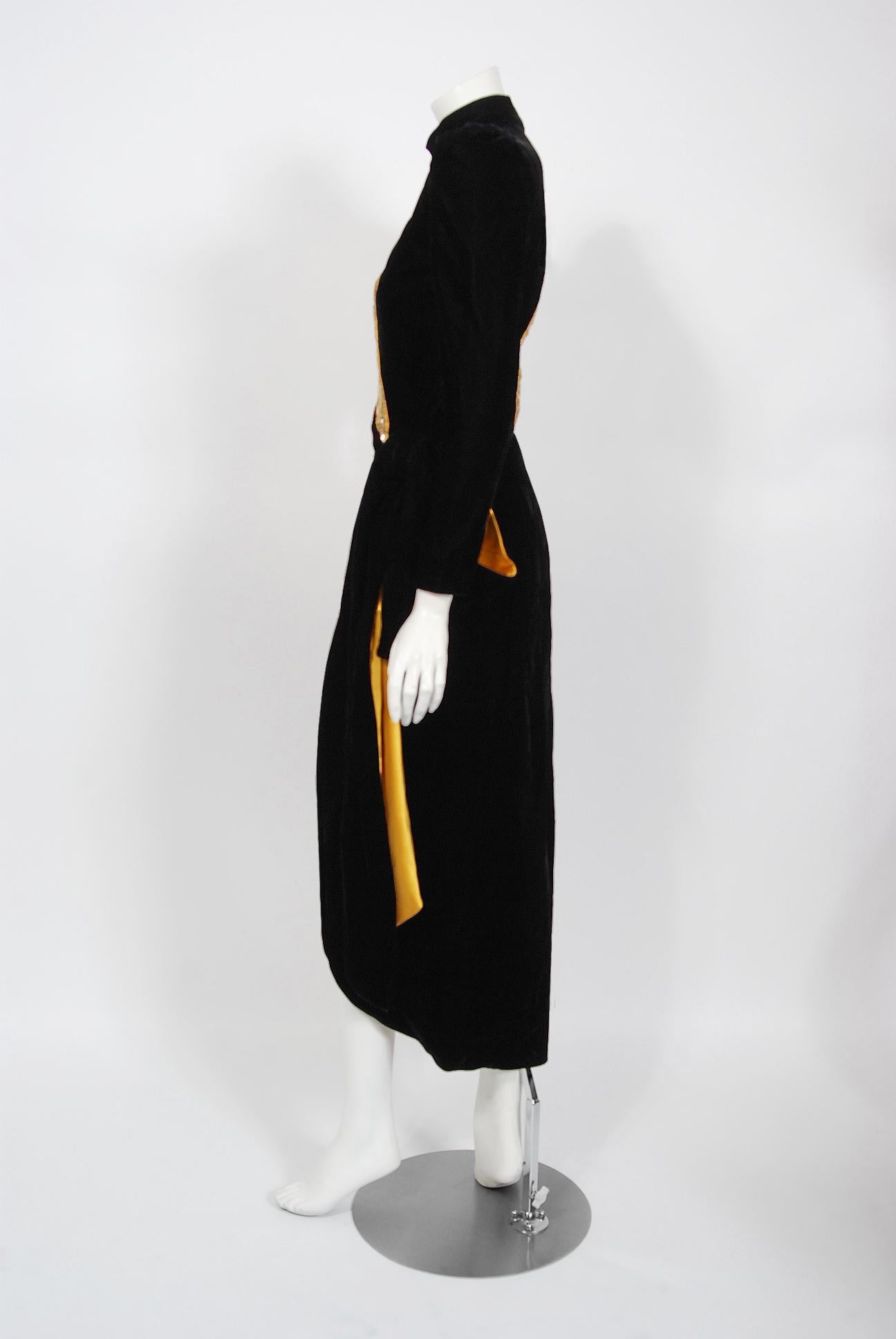 1980s Paul-Louis Orrier Paris Metallic Gold Embroidery Beaded Black Velvet Dress 1