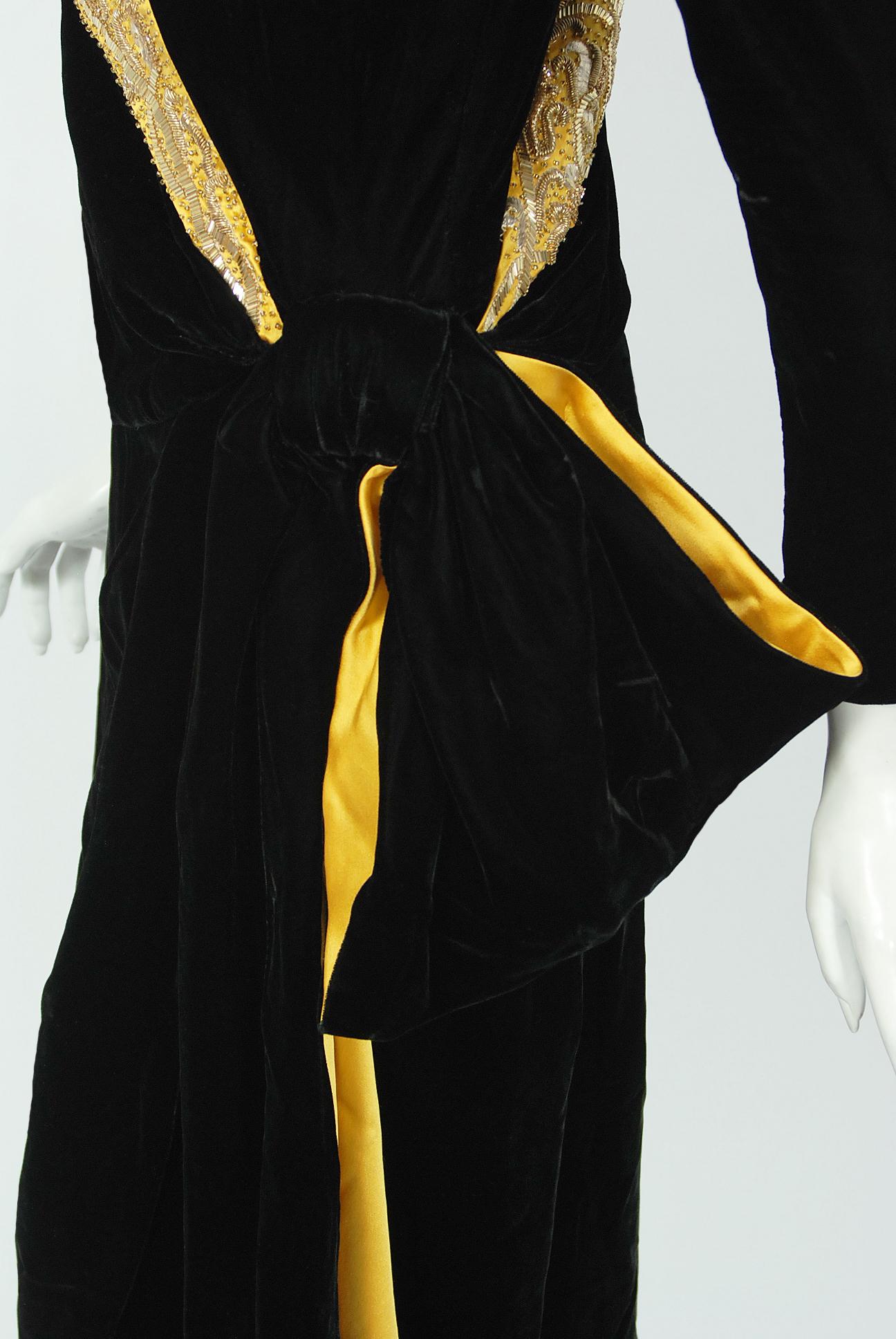 1980s Paul-Louis Orrier Paris Metallic Gold Embroidery Beaded Black Velvet Dress 2