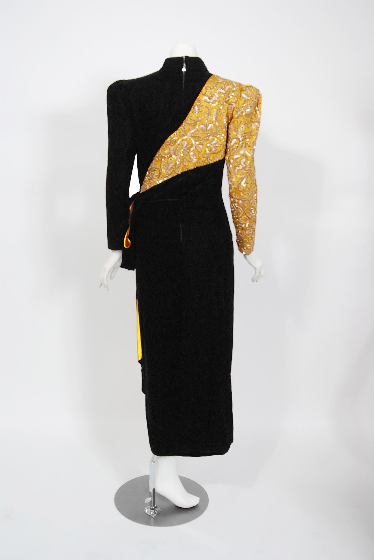 1980s Paul-Louis Orrier Paris Metallic Gold Embroidery Beaded Black Velvet Dress 3