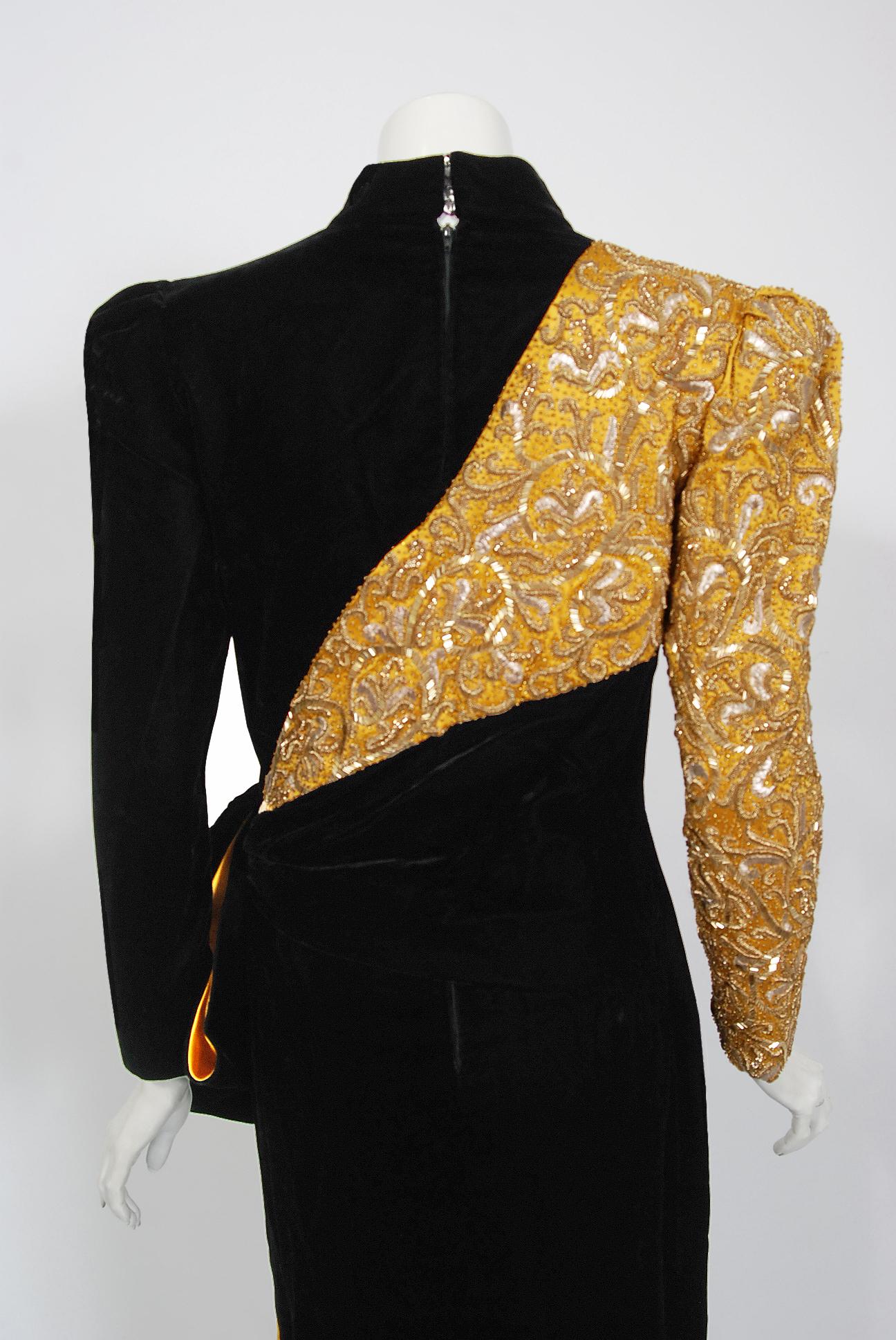 1980s Paul-Louis Orrier Paris Metallic Gold Embroidery Beaded Black Velvet Dress 4