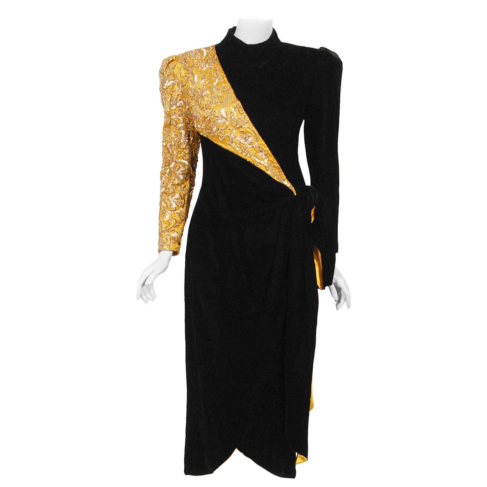 1980s Paul-Louis Orrier Paris Metallic Gold Embroidery Beaded Black Velvet Dress