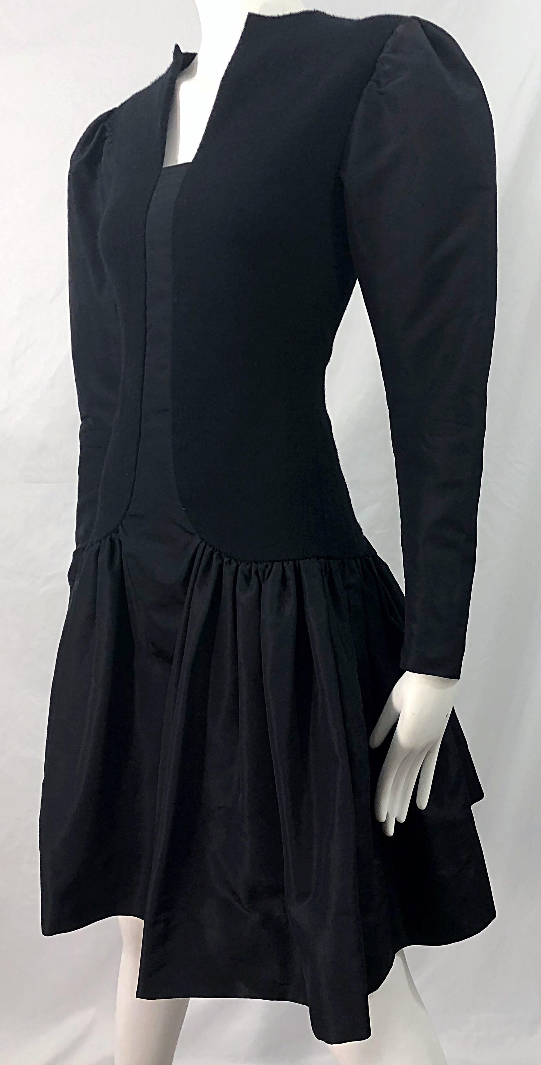 1980s Pauline Trigere Black Wool Silk Taffeta Avant Garde Vintage 80s Dress For Sale 3