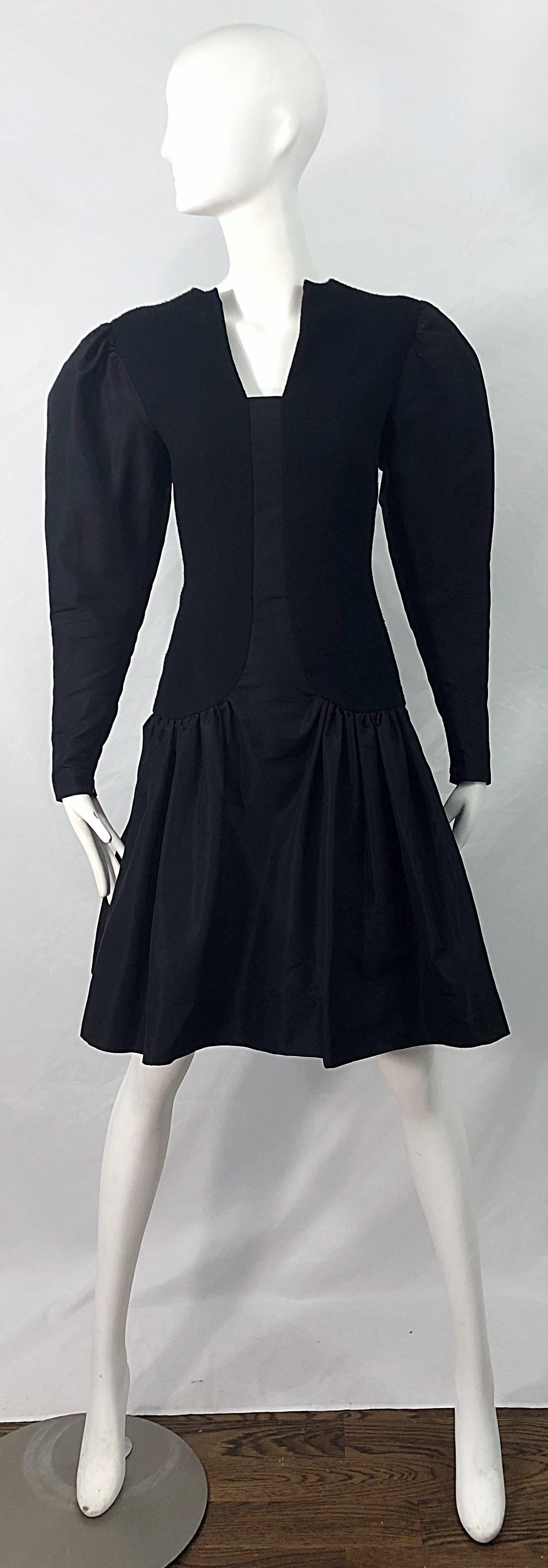 1980s Pauline Trigere Black Wool Silk Taffeta Avant Garde Vintage 80s Dress For Sale 6