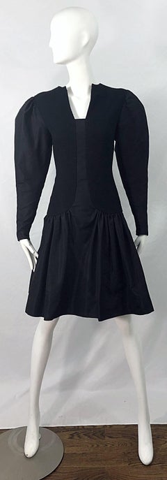 1980s Pauline Trigere Black Wool Silk Taffeta Avant Garde Vintage 80s Dress