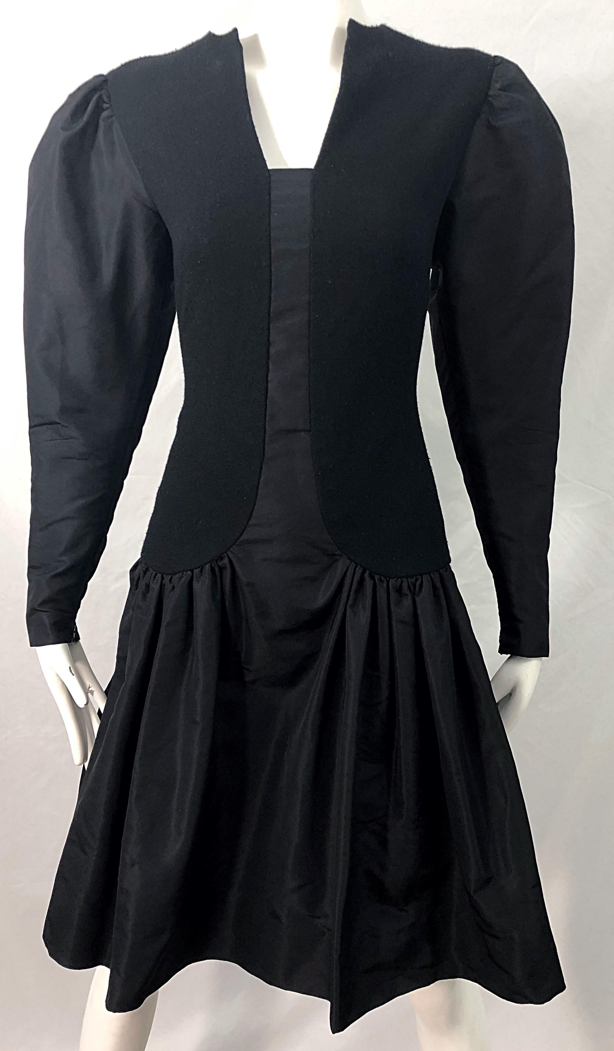 Women's 1980s Pauline Trigere Black Wool Silk Taffeta Avant Garde Vintage 80s Dress For Sale