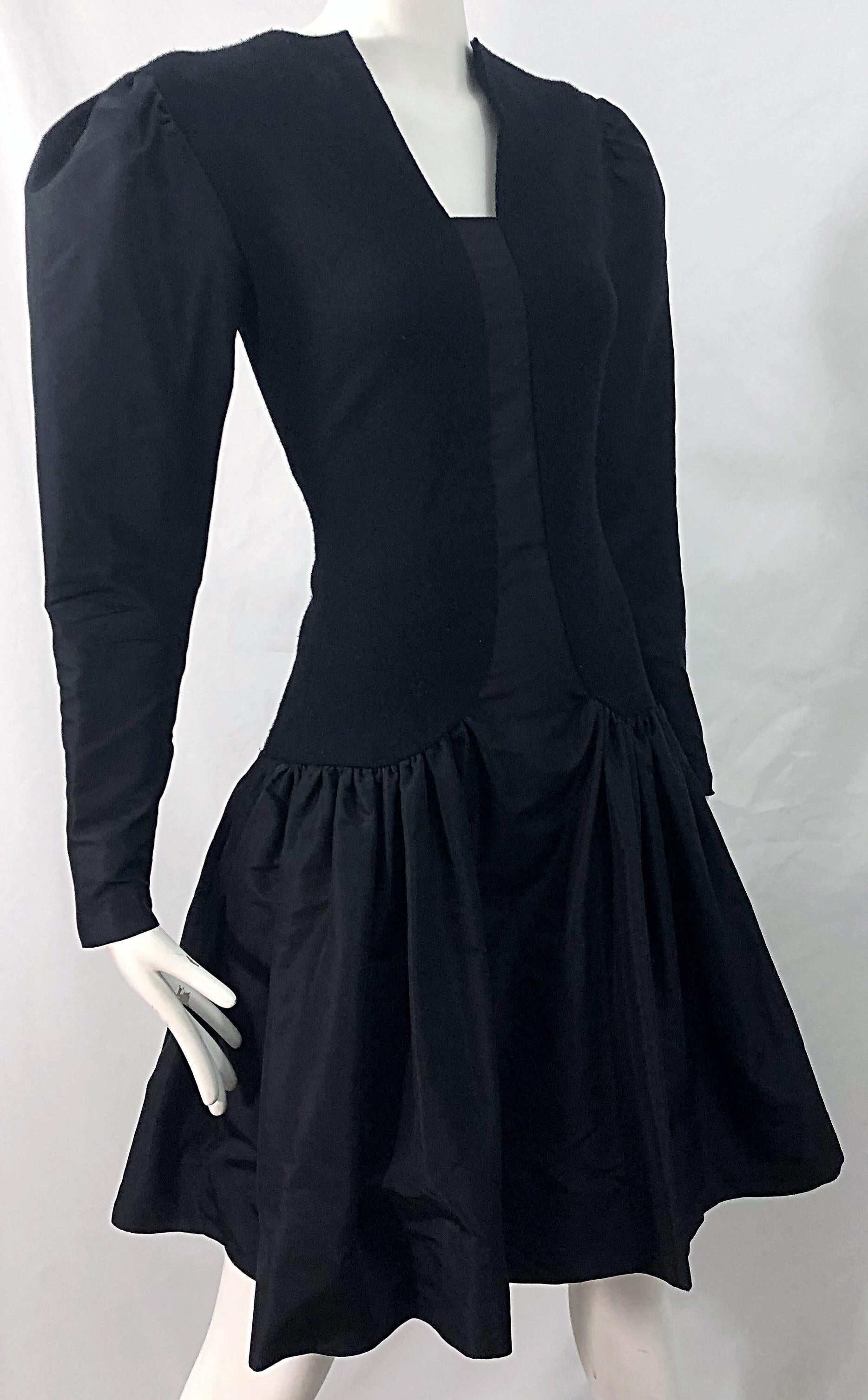 1980s Pauline Trigere Black Wool Silk Taffeta Avant Garde Vintage 80s Dress For Sale 1