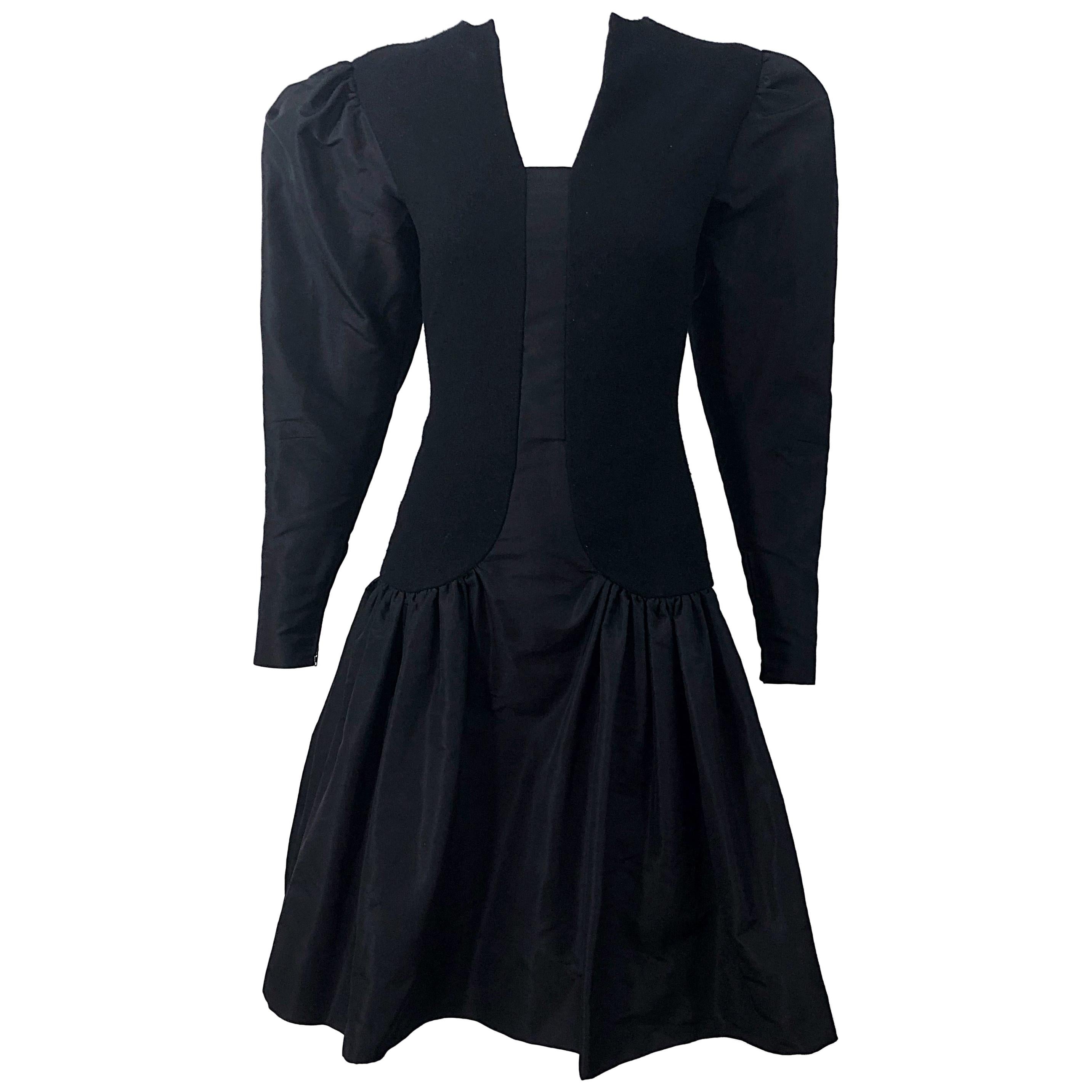 1980s Pauline Trigere Black Wool Silk Taffeta Avant Garde Vintage 80s Dress