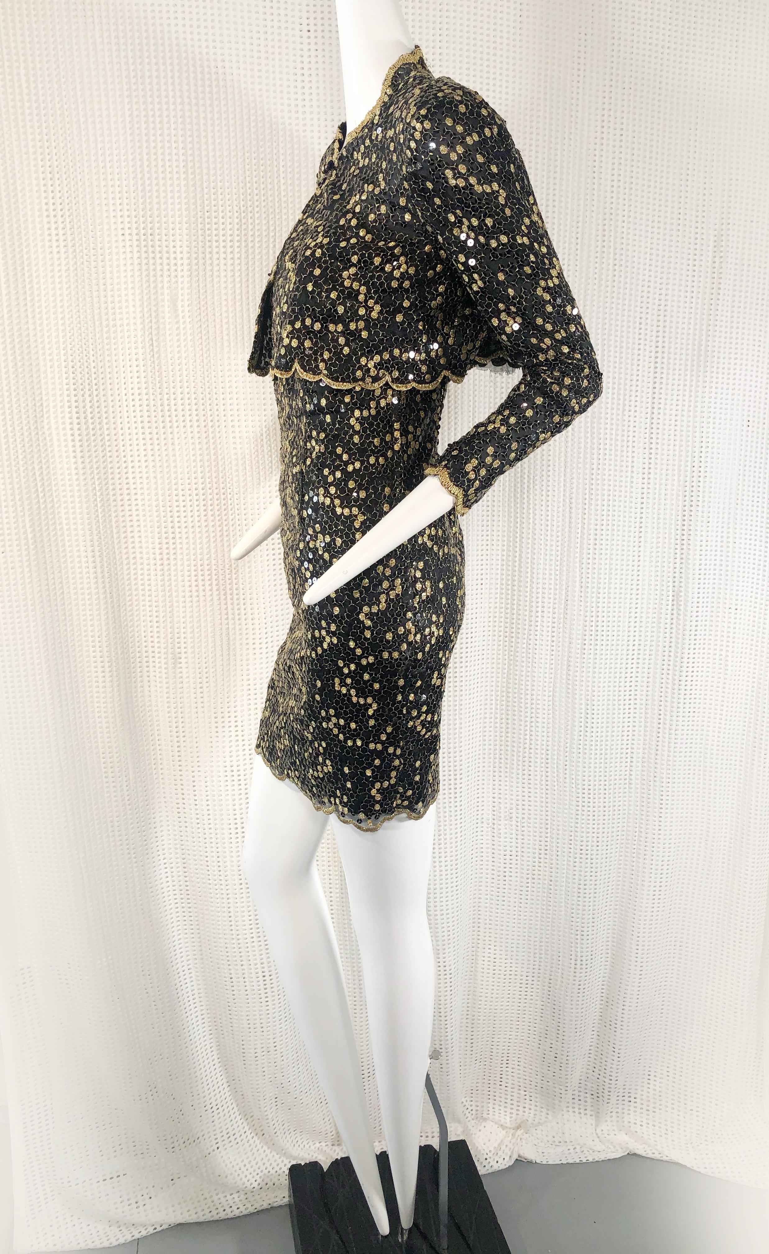 1980s Pauline Trigere Gold and Black Sequined Mini Dress and Bolero Jacket In Excellent Condition In Gresham, OR