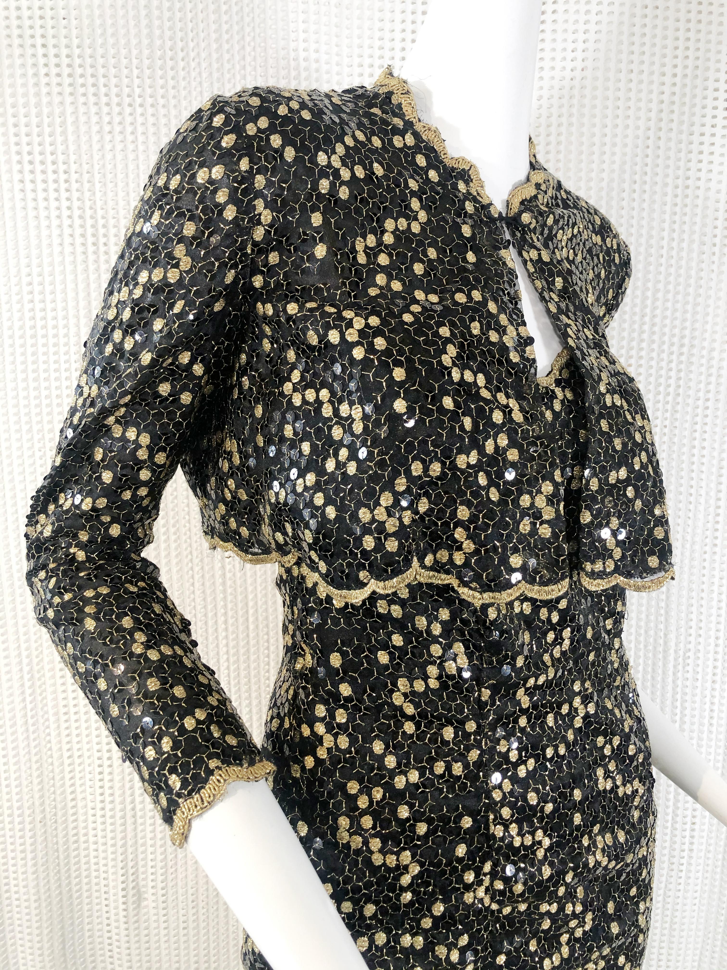 1980s Pauline Trigere Gold and Black Sequined Mini Dress and Bolero Jacket 1