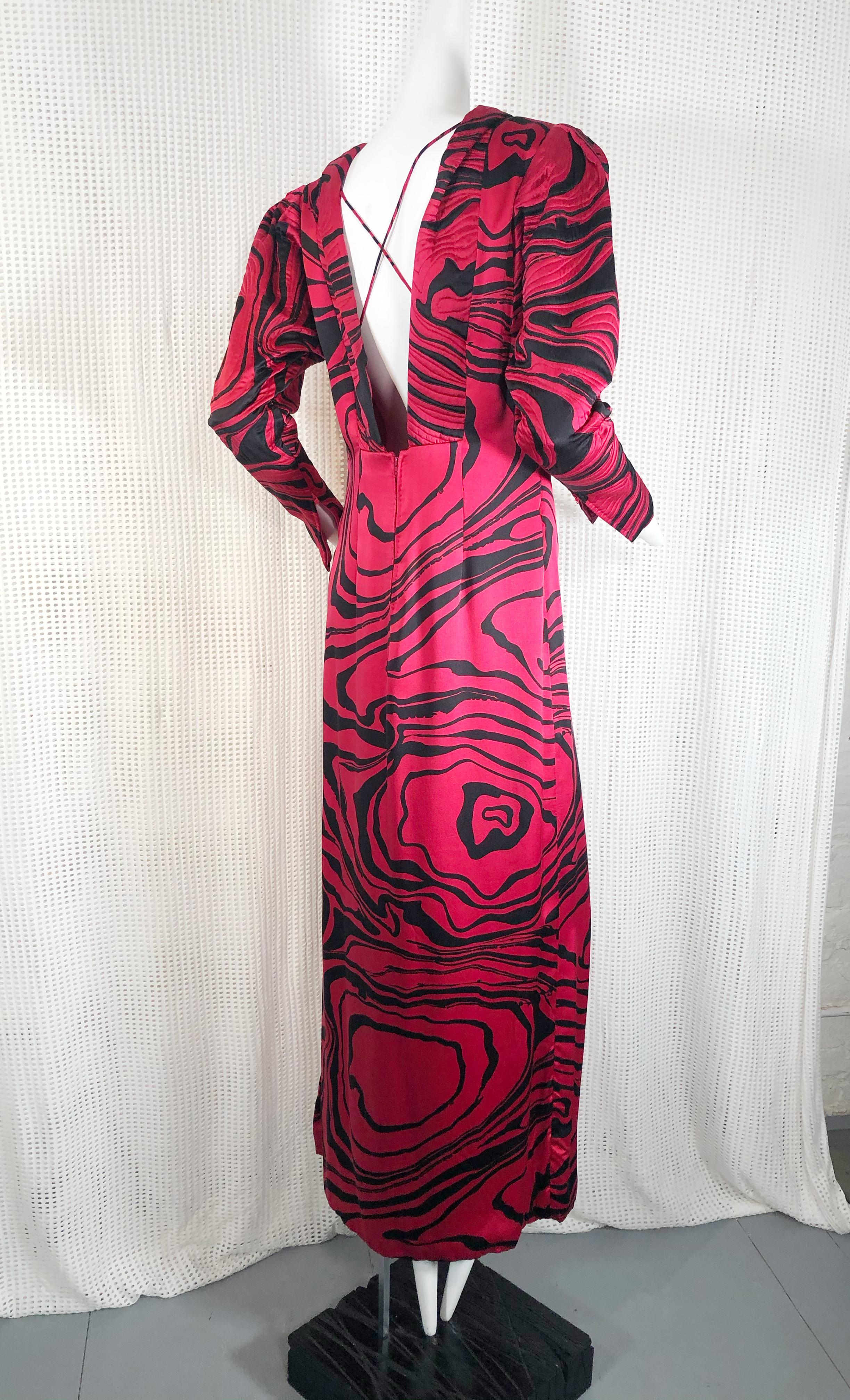 Black 1980s Pauline Trigere Marbleized Silk Print Gown For Sale