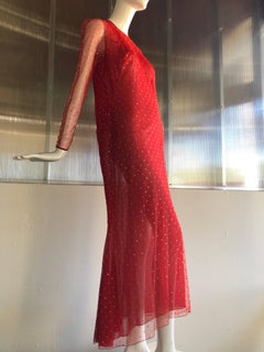 1980s Pauline Trigere Rhinestone Studded Red Net Evening Gown W/ Fishtail Hem