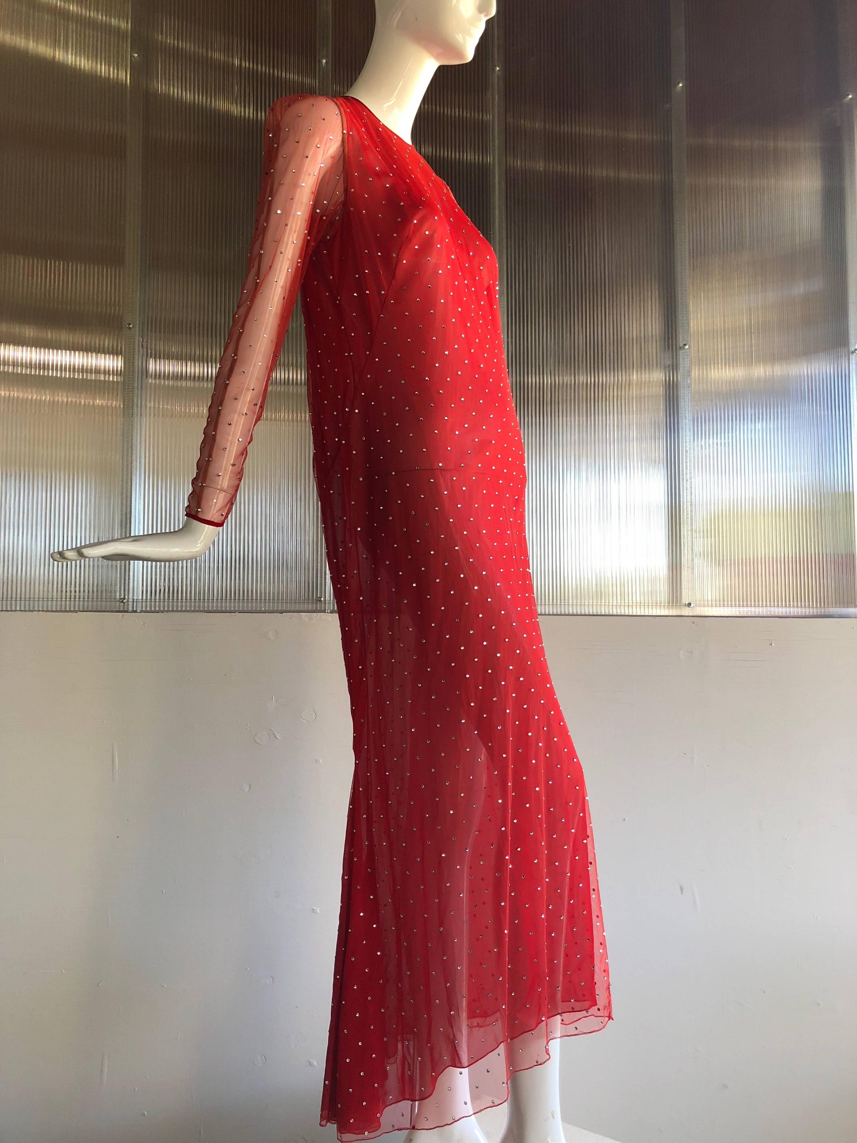 1980s Pauline Trigere Rhinestone Studded Red Net Evening Gown W/ Fishtail Hem In Excellent Condition For Sale In Gresham, OR