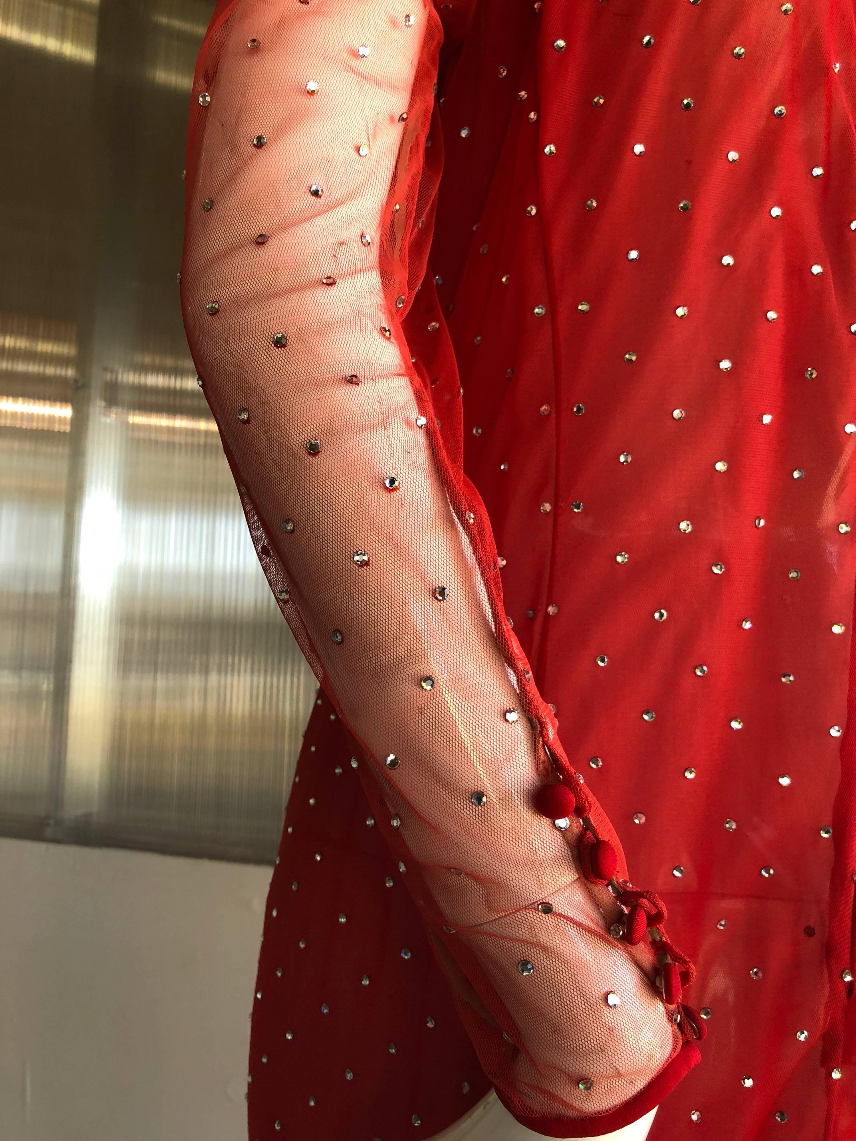 Women's 1980s Pauline Trigere Rhinestone Studded Red Net Evening Gown W/ Fishtail Hem For Sale