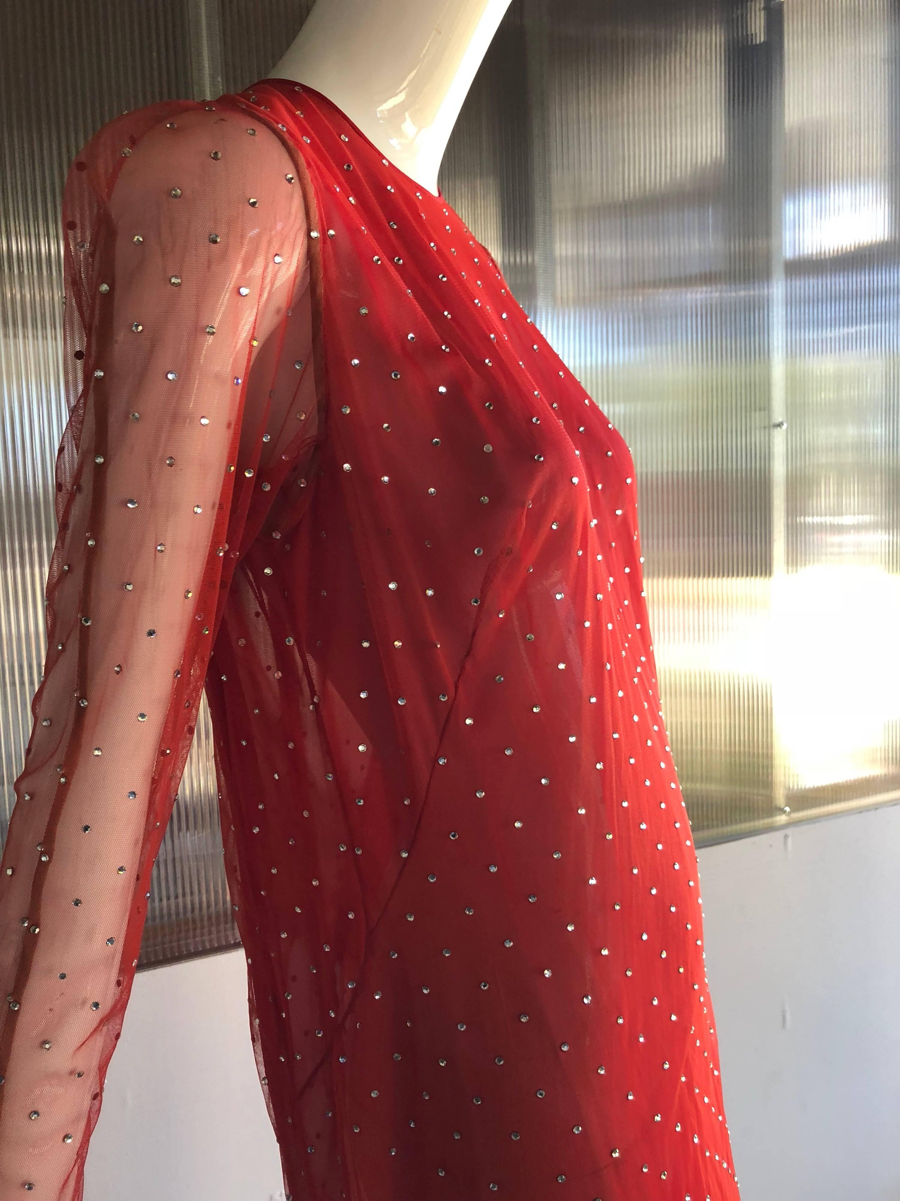 1980s Pauline Trigere Rhinestone Studded Red Net Evening Gown W/ Fishtail Hem For Sale 1