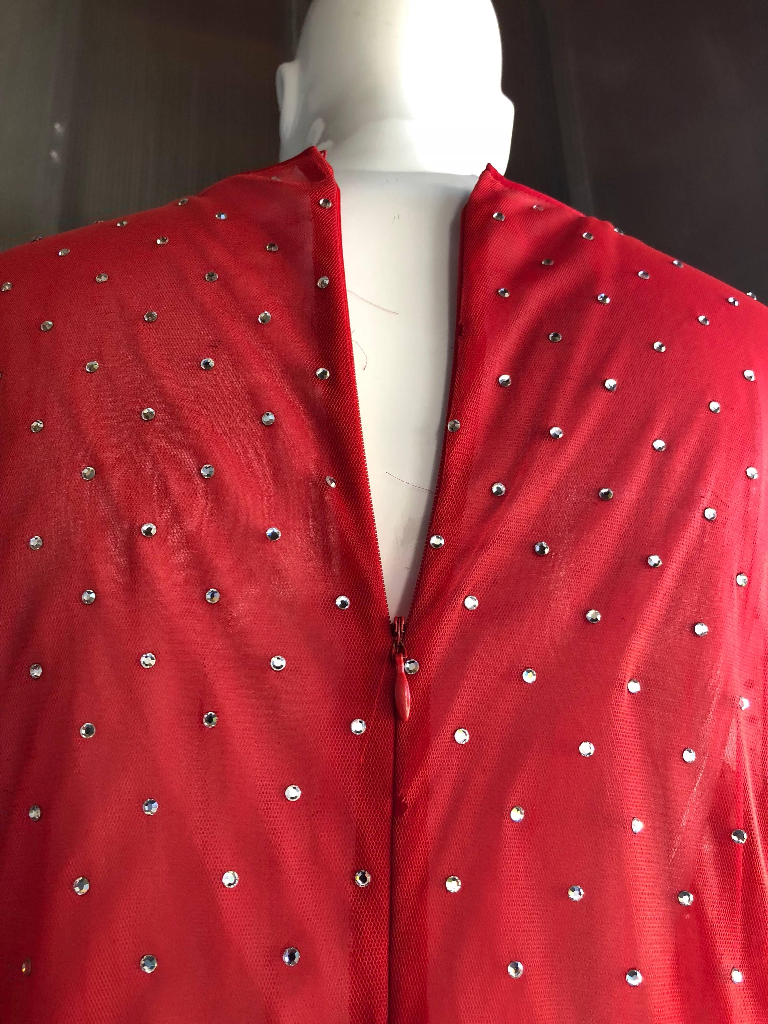 1980s Pauline Trigere Rhinestone Studded Red Net Evening Gown W/ Fishtail Hem For Sale 2