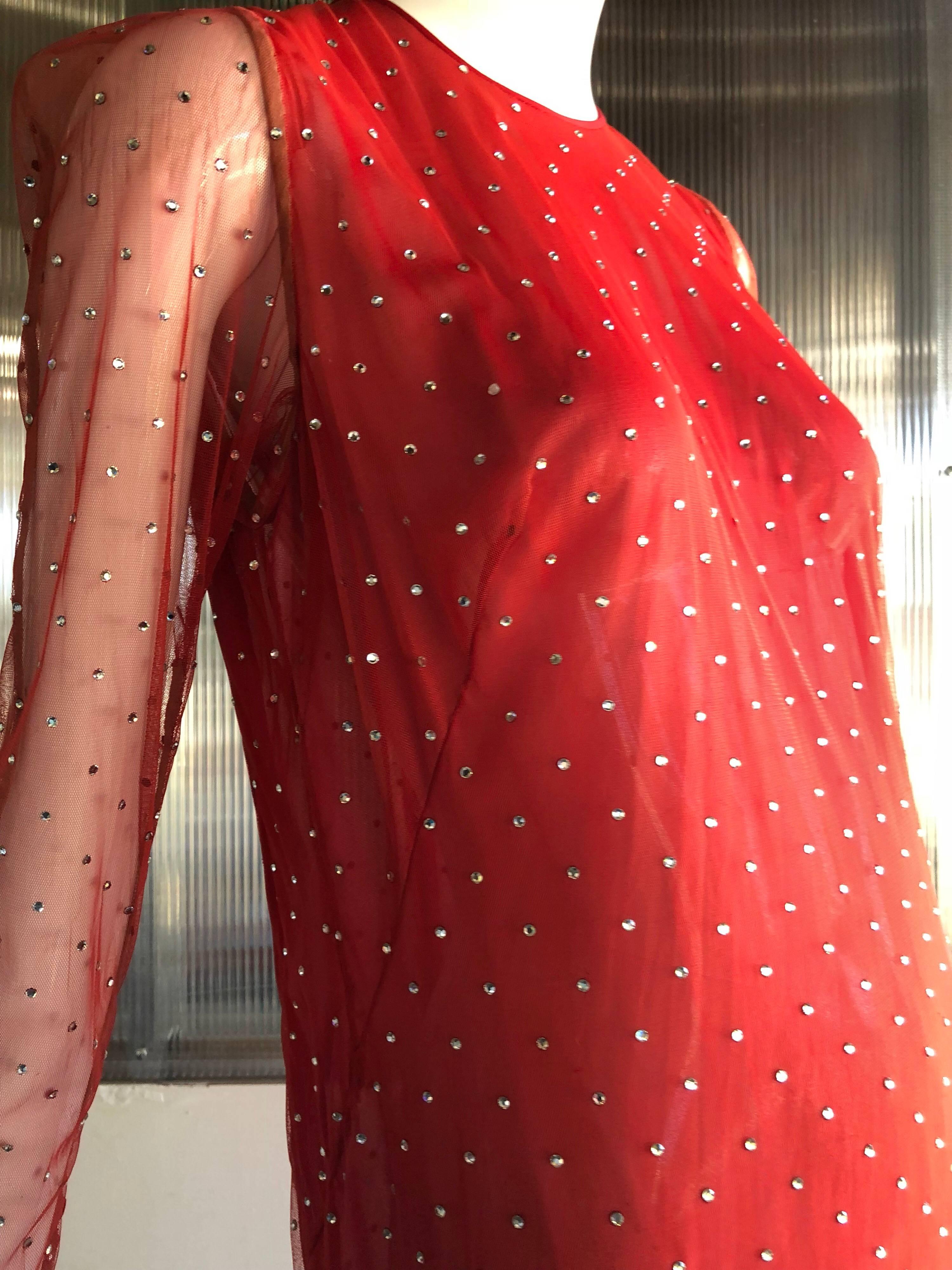 1980s Pauline Trigere Rhinestone Studded Red Net Evening Gown W/ Fishtail Hem For Sale 4