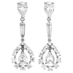 1980s Pear Diamond Platinum Floral Halo Dangle Drop Earrings