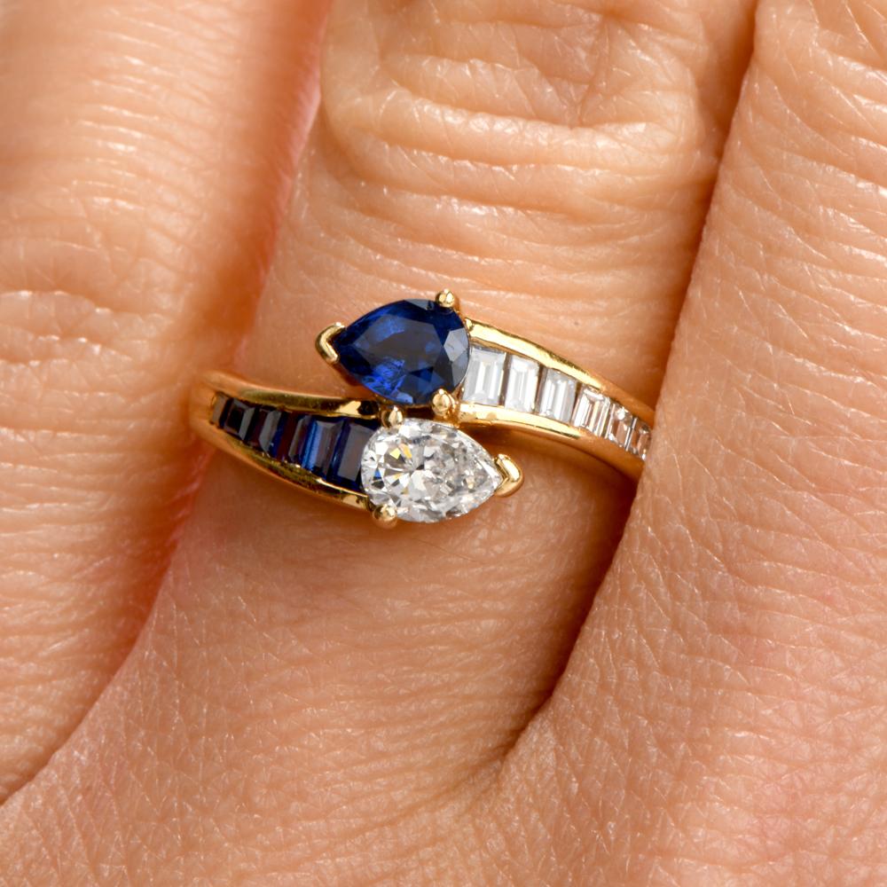 Art Deco 1980s Pear Diamond Sapphire 18 Karat Gold Bypass Engagement Fashion Ring