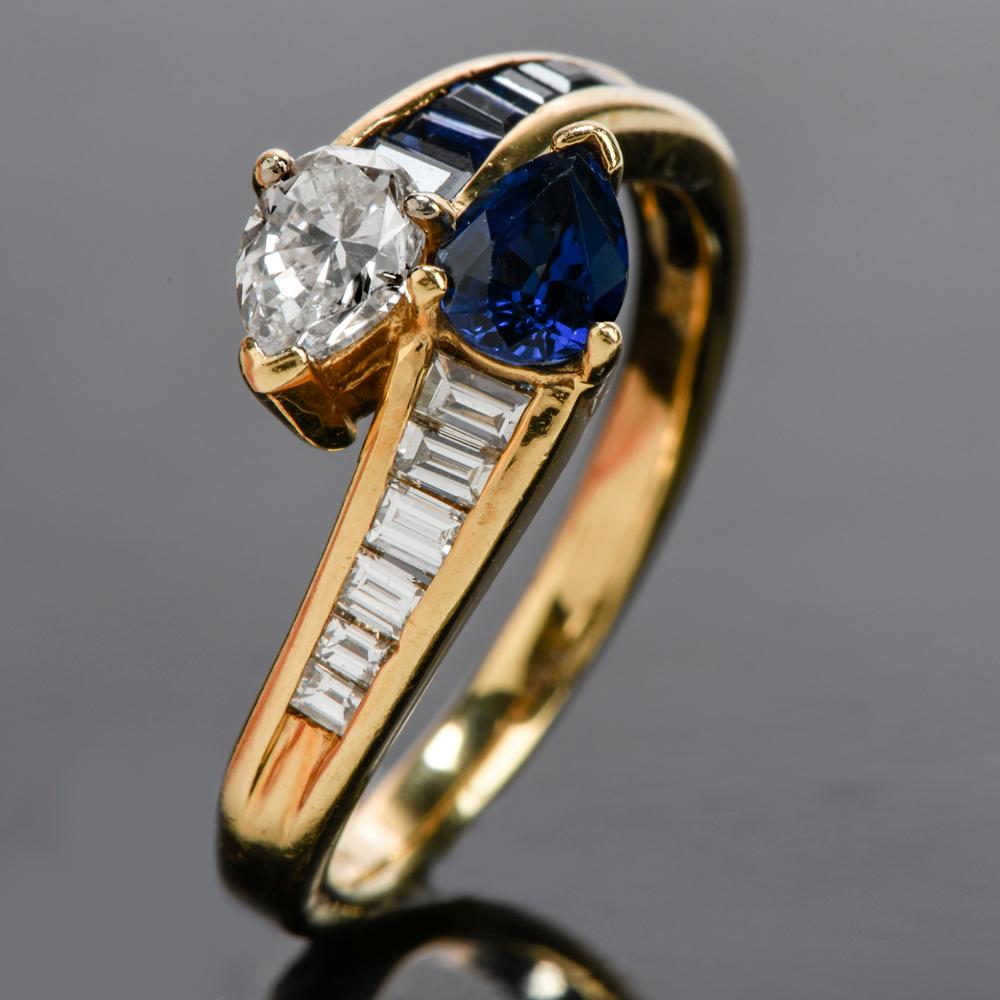 Pear Cut 1980s Pear Diamond Sapphire 18 Karat Gold Bypass Engagement Fashion Ring