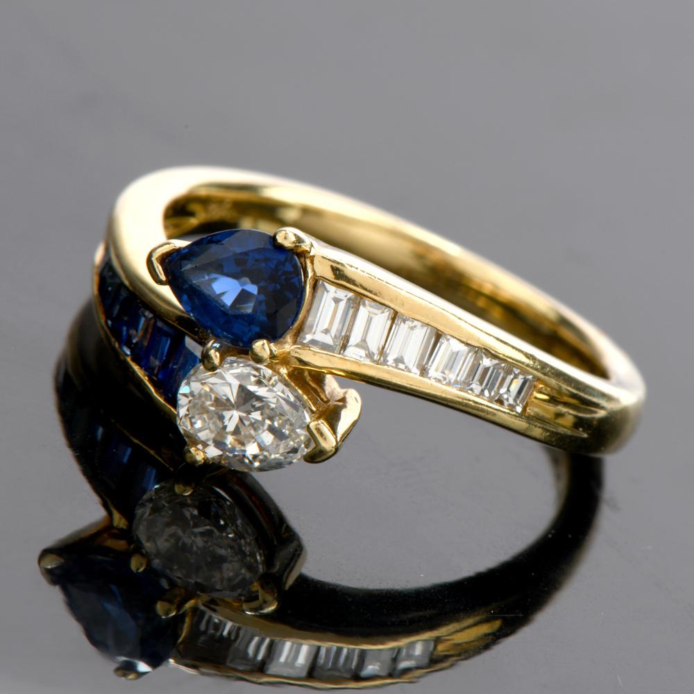 1980s Pear Diamond Sapphire 18 Karat Gold Bypass Engagement Fashion Ring In Excellent Condition In Miami, FL