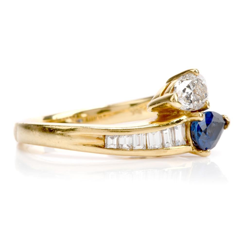 Men's 1980s Pear Diamond Sapphire 18 Karat Gold Bypass Engagement Fashion Ring