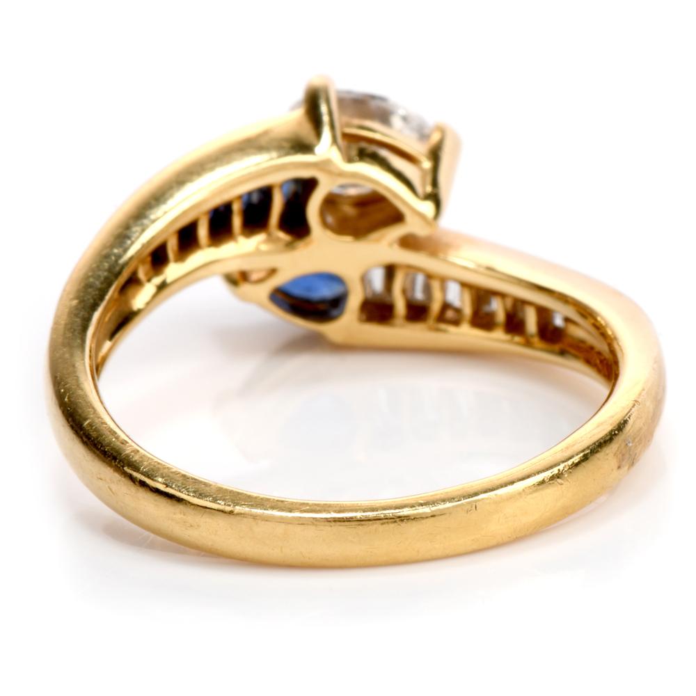 1980s Pear Diamond Sapphire 18 Karat Gold Bypass Engagement Fashion Ring 1