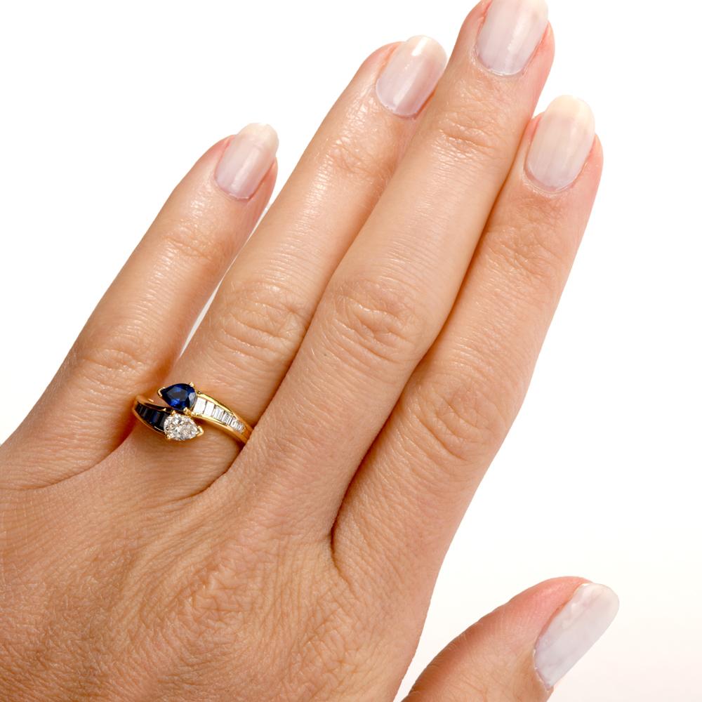 1980s Pear Diamond Sapphire 18 Karat Gold Bypass Engagement Fashion Ring 2