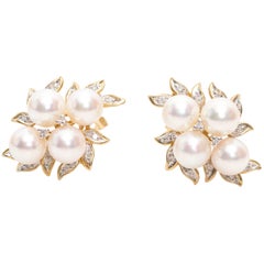 1980s Pearl and Diamond Two-Tone 14 Karat and 18 Karat Gold Earrings