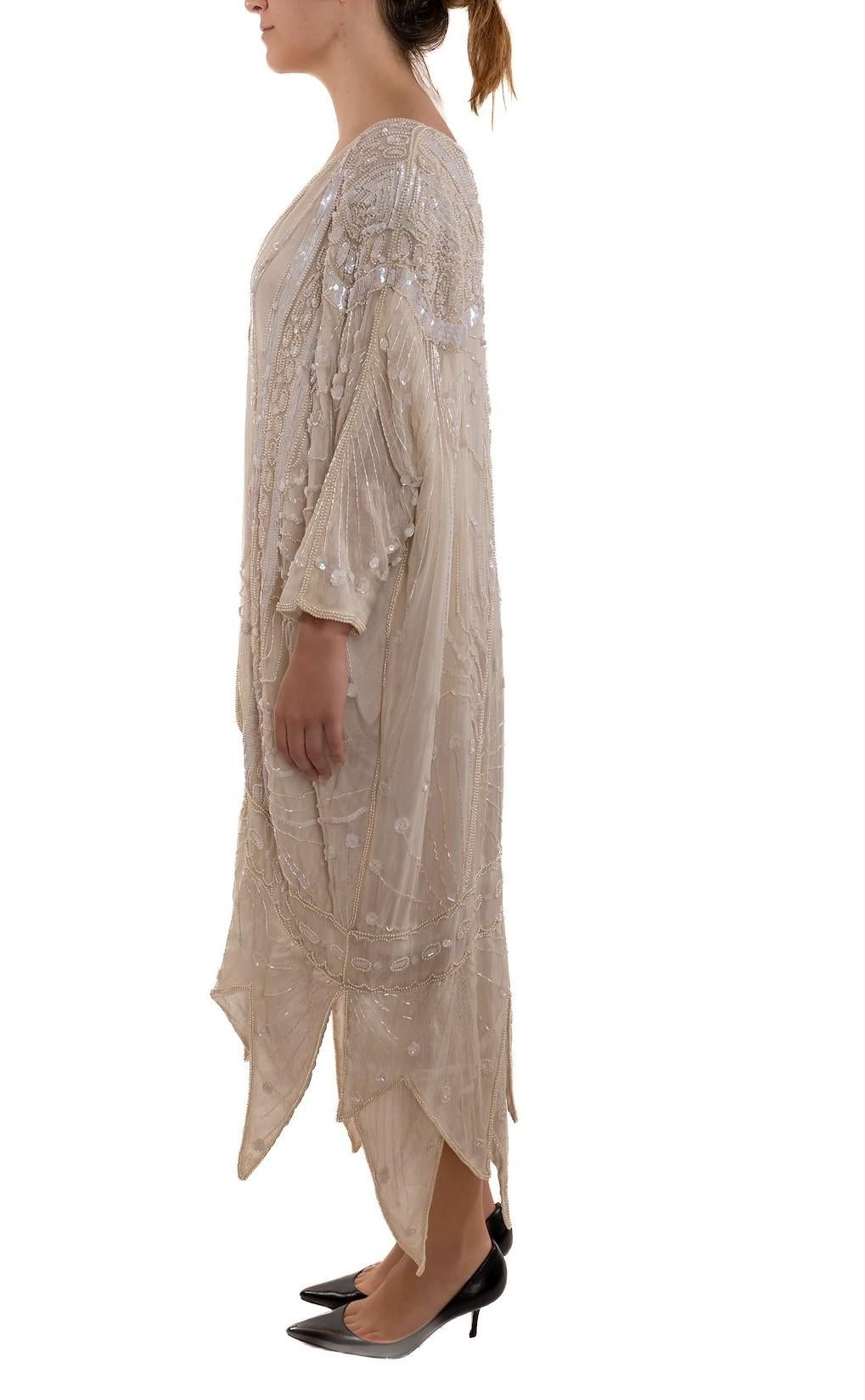 Brown 1980S Pearl White Silk Chiffon Cocoon With Sequins And Beading For Sale