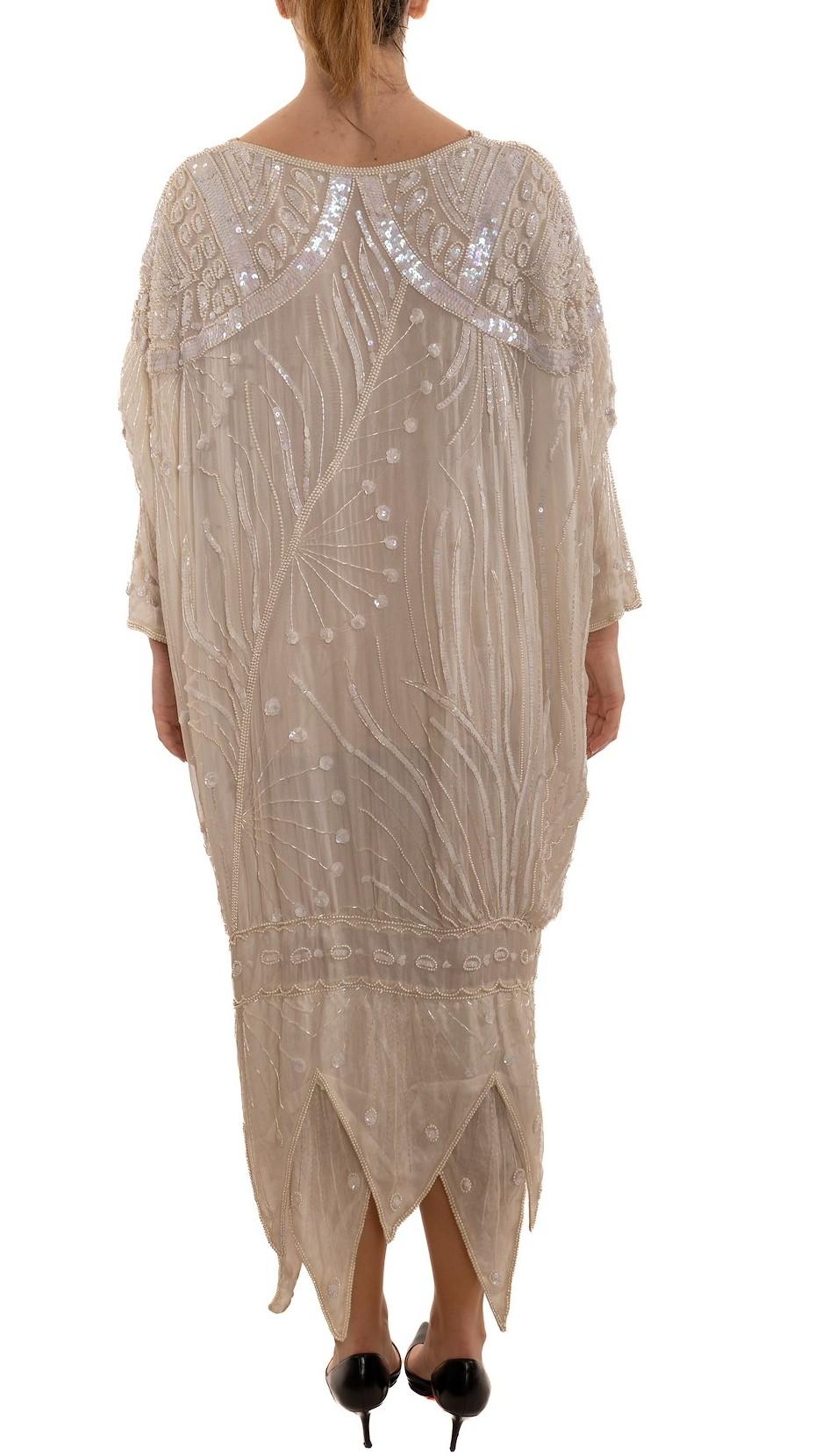 1980S Pearl White Silk Chiffon Cocoon With Sequins And Beading In Good Condition For Sale In New York, NY