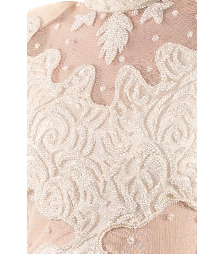 1980S Pearl White Slinky Beaded Lace Long Sleeved Gown With Sheer Panels For Sale 7