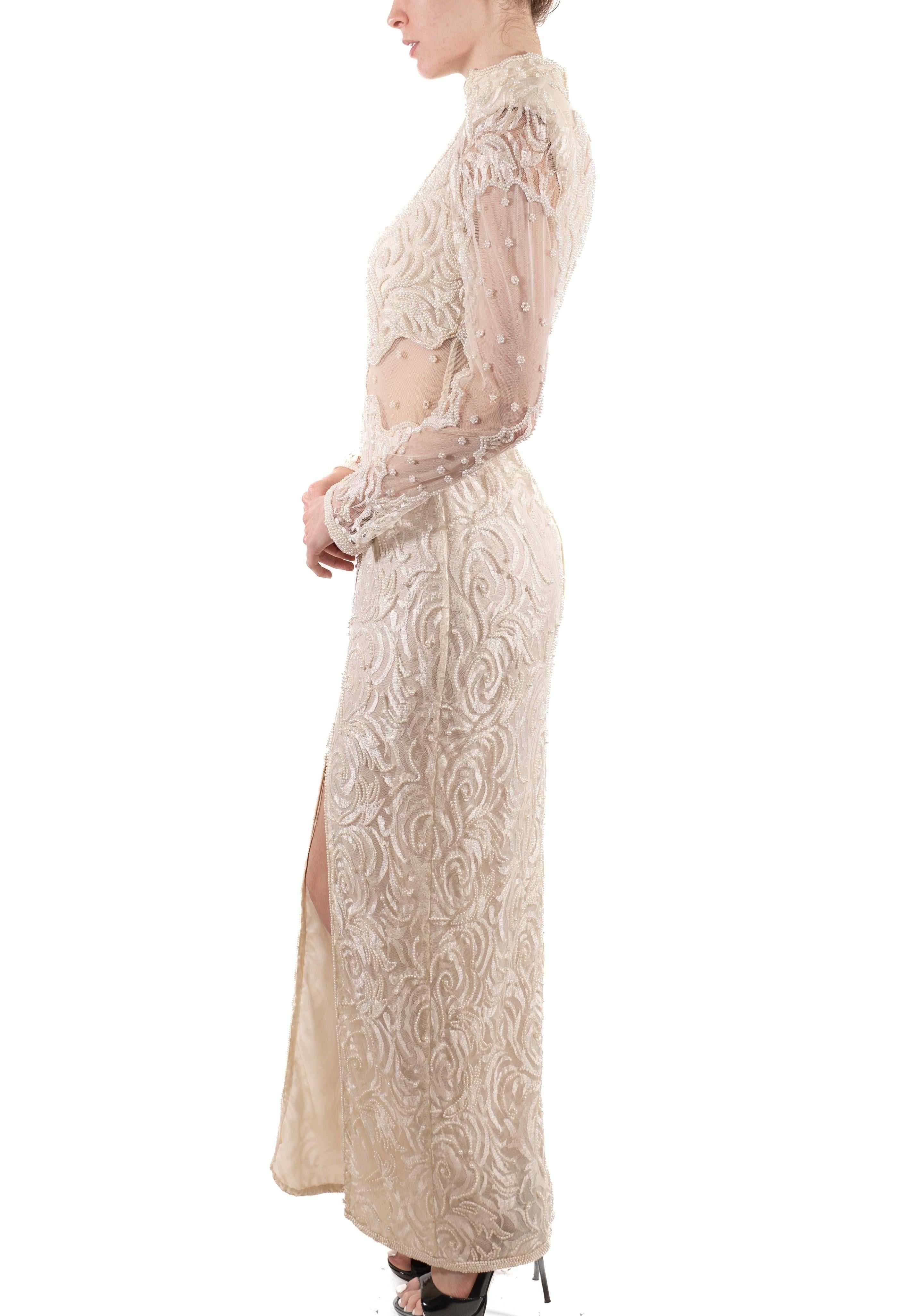 1980S Pearl White Slinky Beaded Lace Long Sleeved Gown With Sheer Panels In Good Condition For Sale In New York, NY