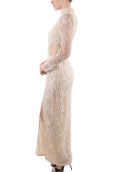 1980S Pearl White Slinky Beaded Lace Long Sleeved Gown With Sheer Panels