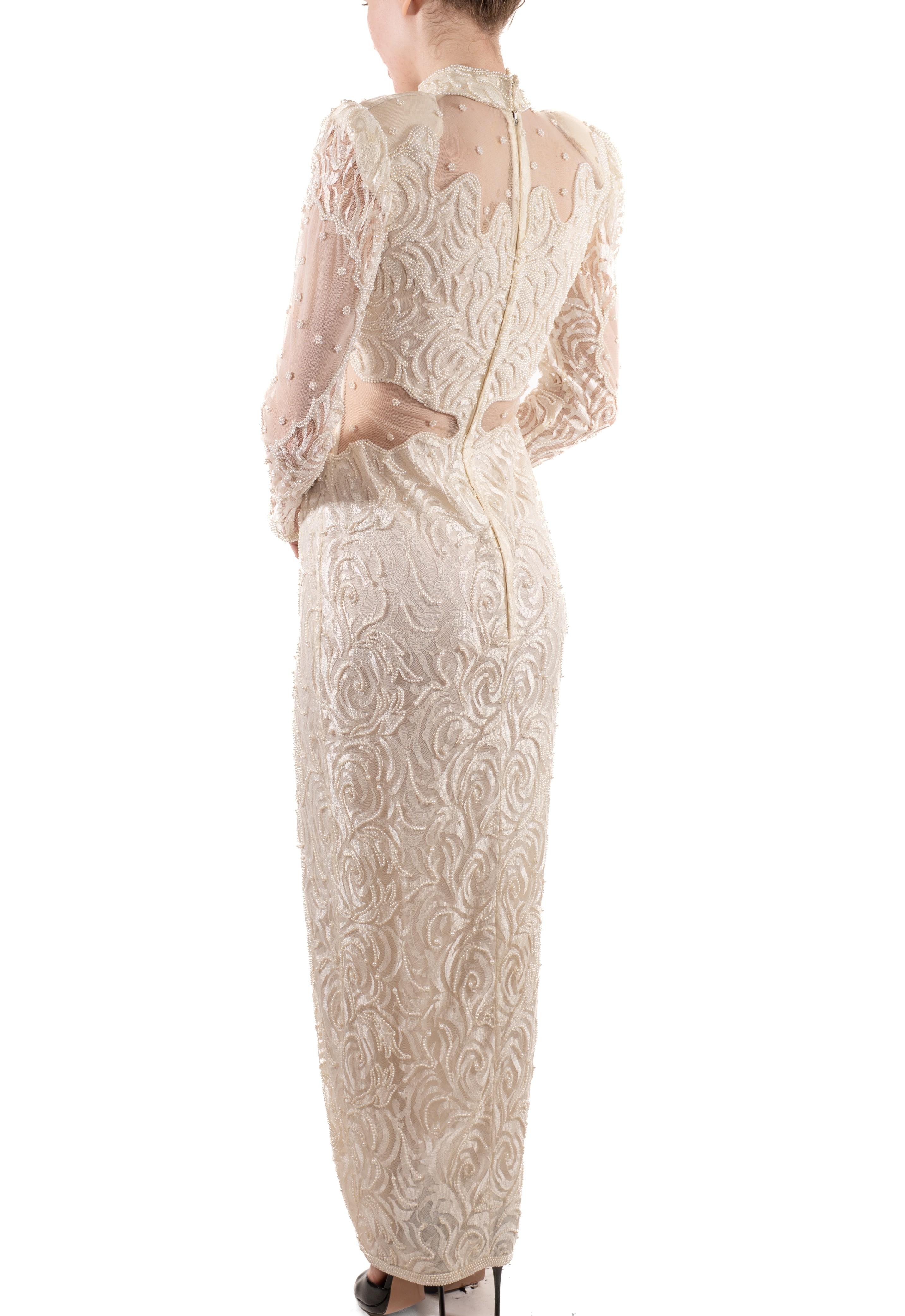 1980S Pearl White Slinky Beaded Lace Long Sleeved Gown With Sheer Panels For Sale 2