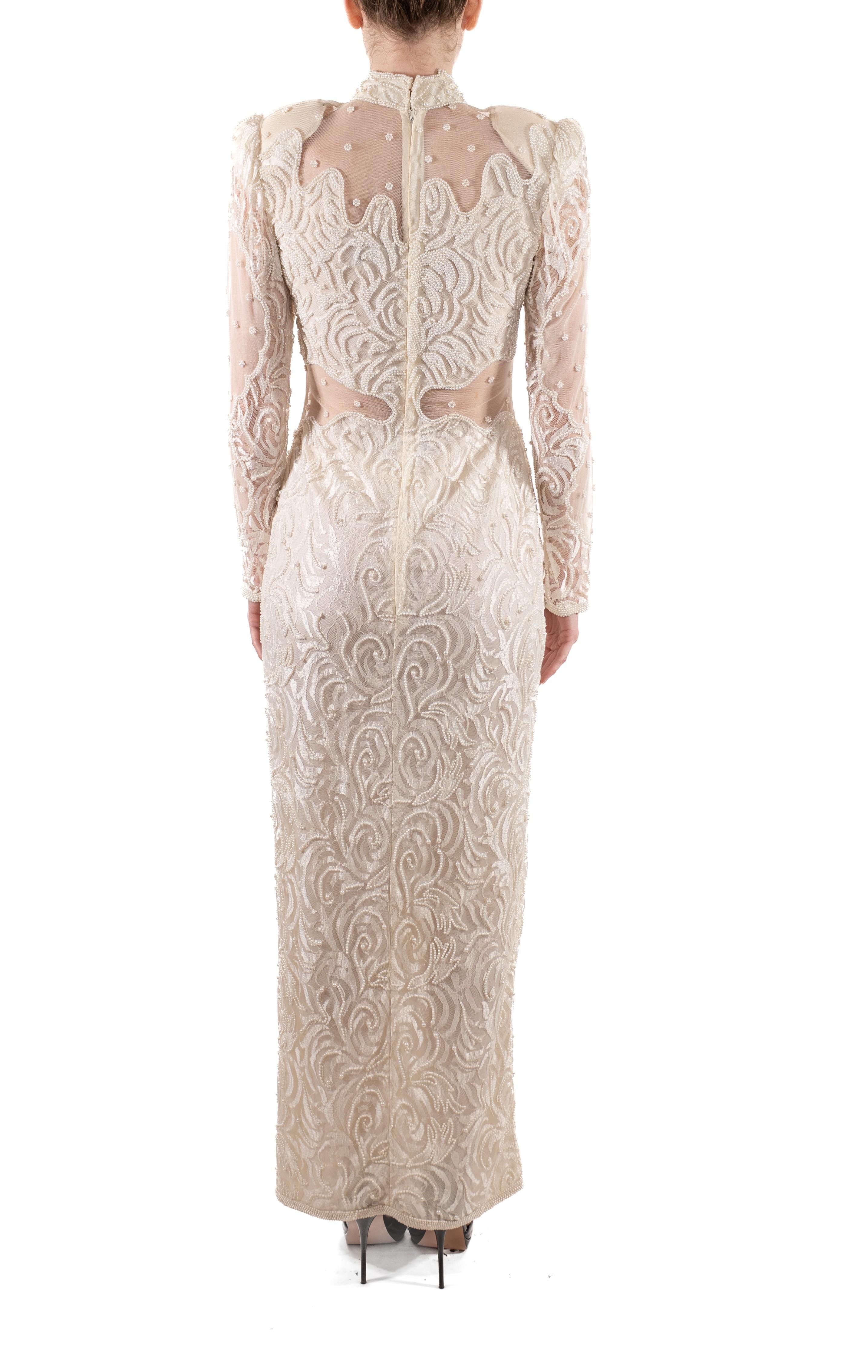 1980S Pearl White Slinky Beaded Lace Long Sleeved Gown With Sheer Panels For Sale 3