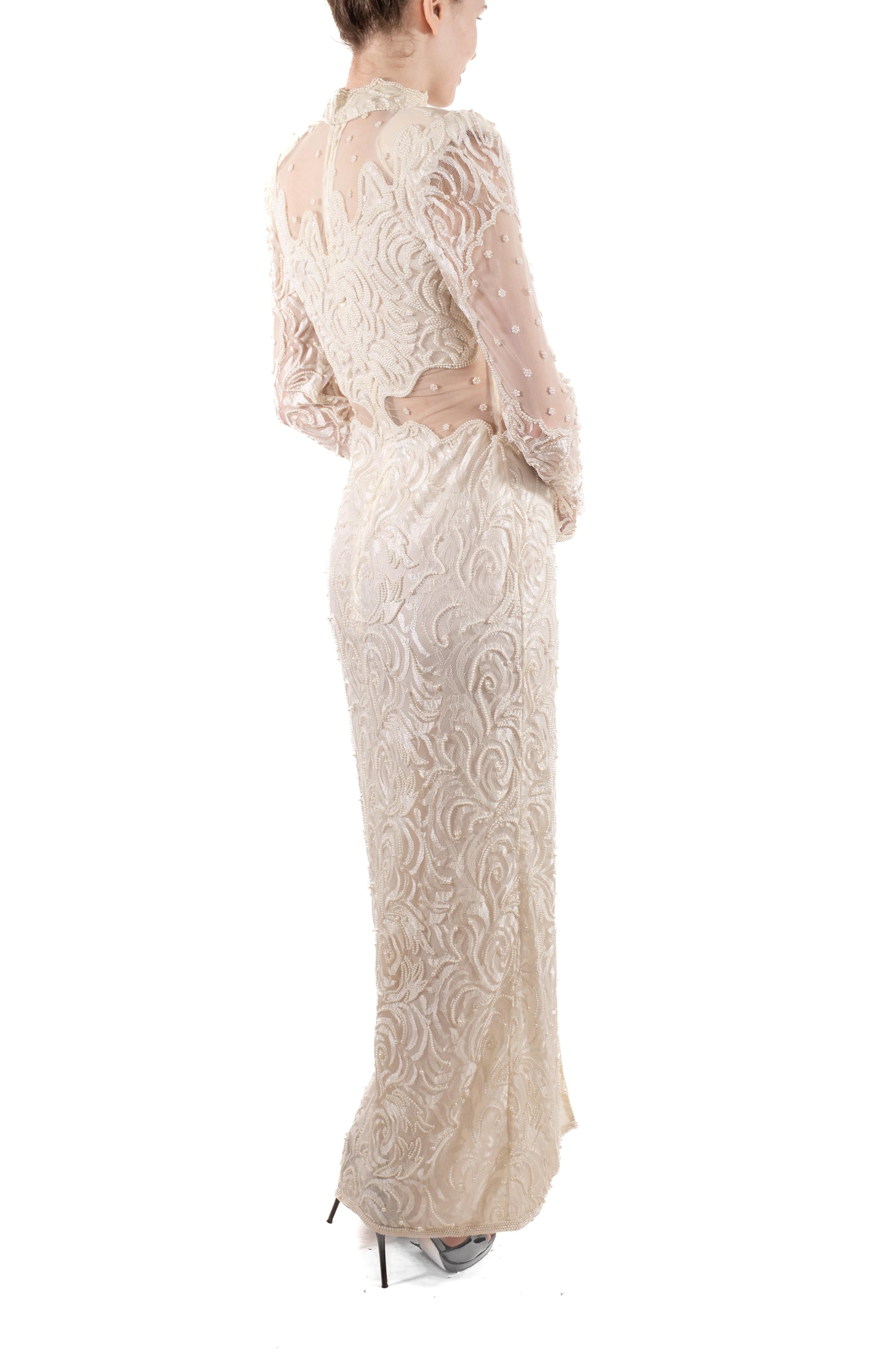 1980S Pearl White Slinky Beaded Lace Long Sleeved Gown With Sheer Panels For Sale 4