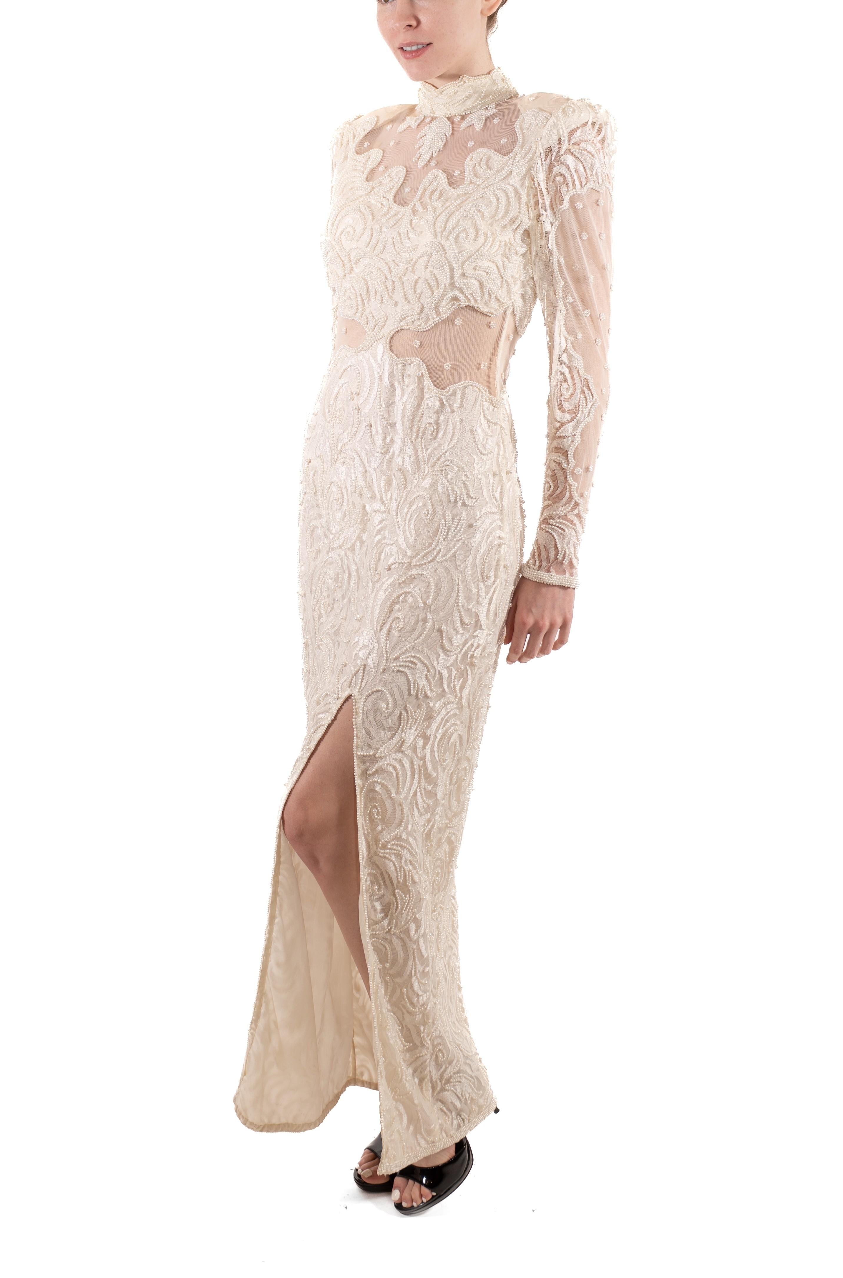 1980S Pearl White Slinky Beaded Lace Long Sleeved Gown With Sheer Panels For Sale 5