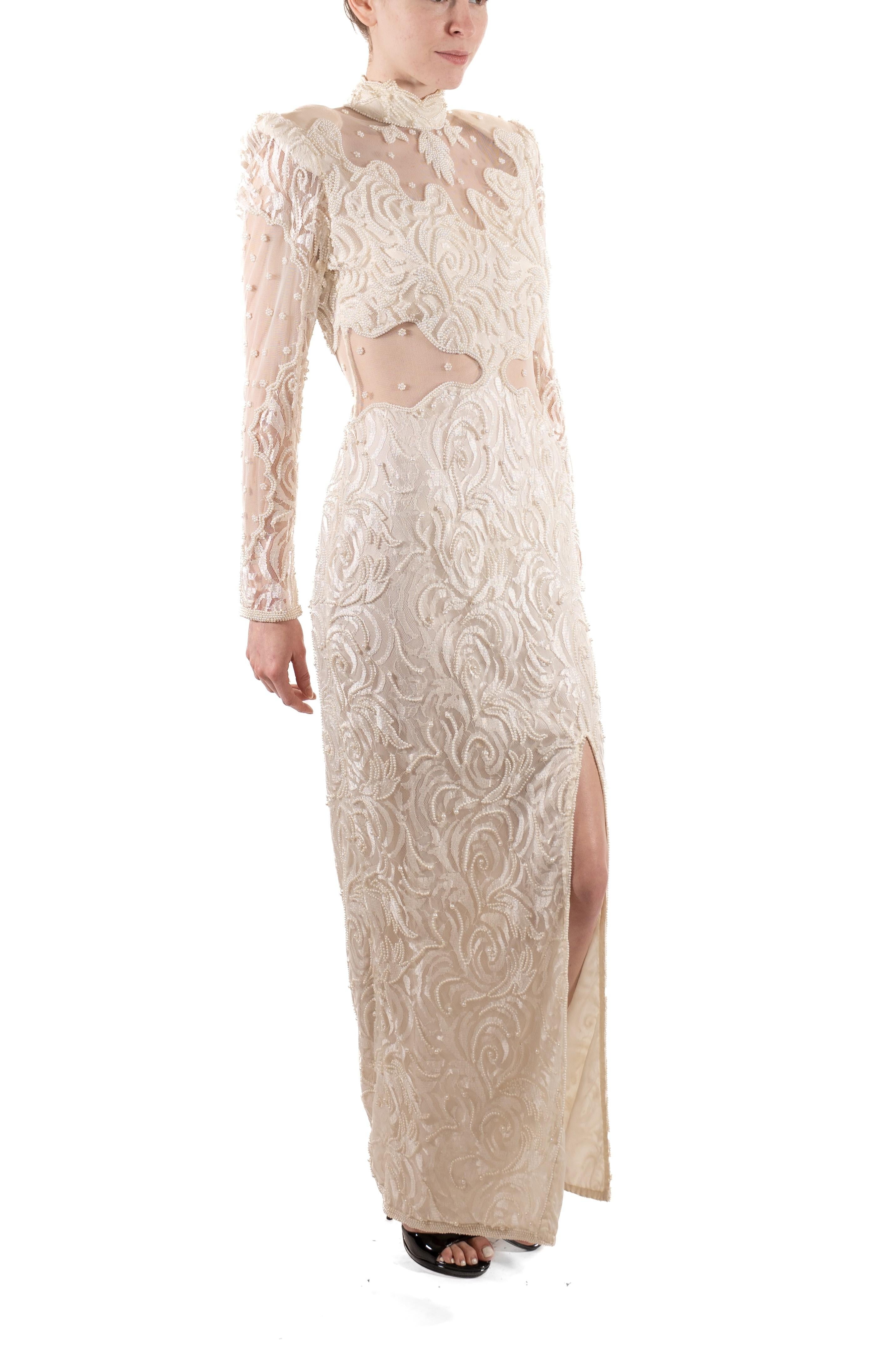 1980S Pearl White Slinky Beaded Lace Long Sleeved Gown With Sheer Panels For Sale 6